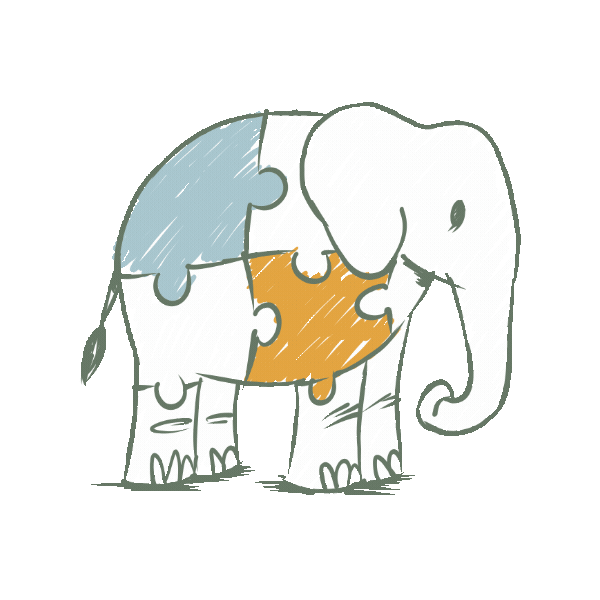 Animated elephant with interwoven puzzle pieces