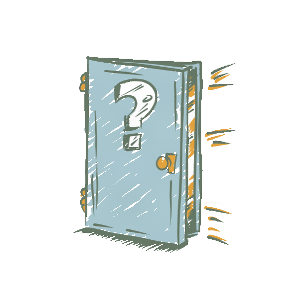 Animated book with a door knob and question mark