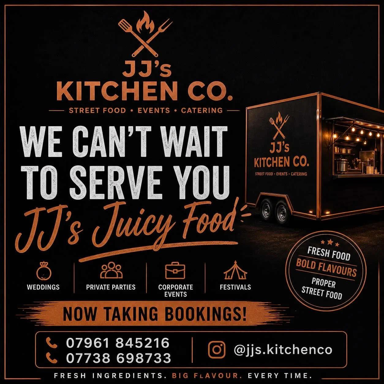 We can't wait to serve you JJ's Juicy Food! Diary is Open! 📅 
Contact us for bookings at events@jjskitchenco.com

#catering #events #foodtruck #streetfood #localcommunities