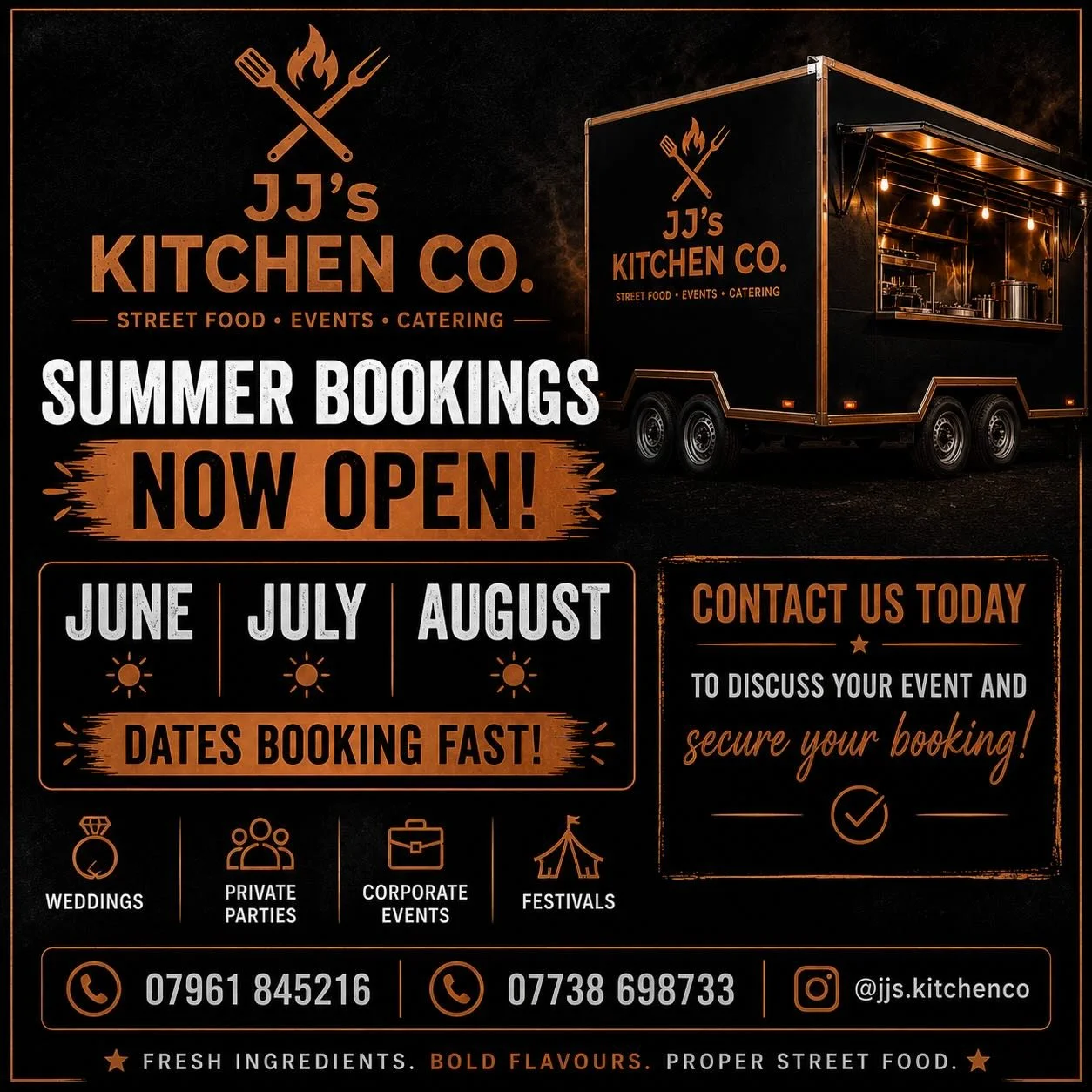 Summers coming and our diary is getting booked up with you lovely lot wanting JJ's Kitchen Co. 

Get in quick to confirm your date! 🟠

#summerfood #eventbookings #streetfood #summercatering #mobilefoodunit