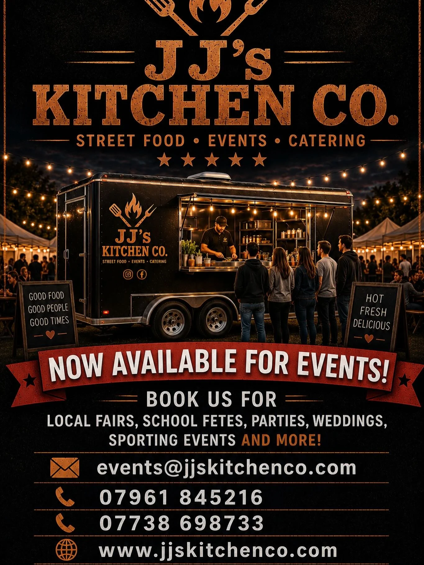 Looking for the tastiest food in Surrey and Sussex for your next event?

Look no further! 
JJ's Kitchen Co. has it all...🧡 

⭐️ Smash Burgers
⭐️ Jumbo Hot Dogs
⭐️ Chicken Kebabs 
⭐️ Halloumi Burgers
⭐️ Pulled Pork Burgers
and... the one only JJ's Si