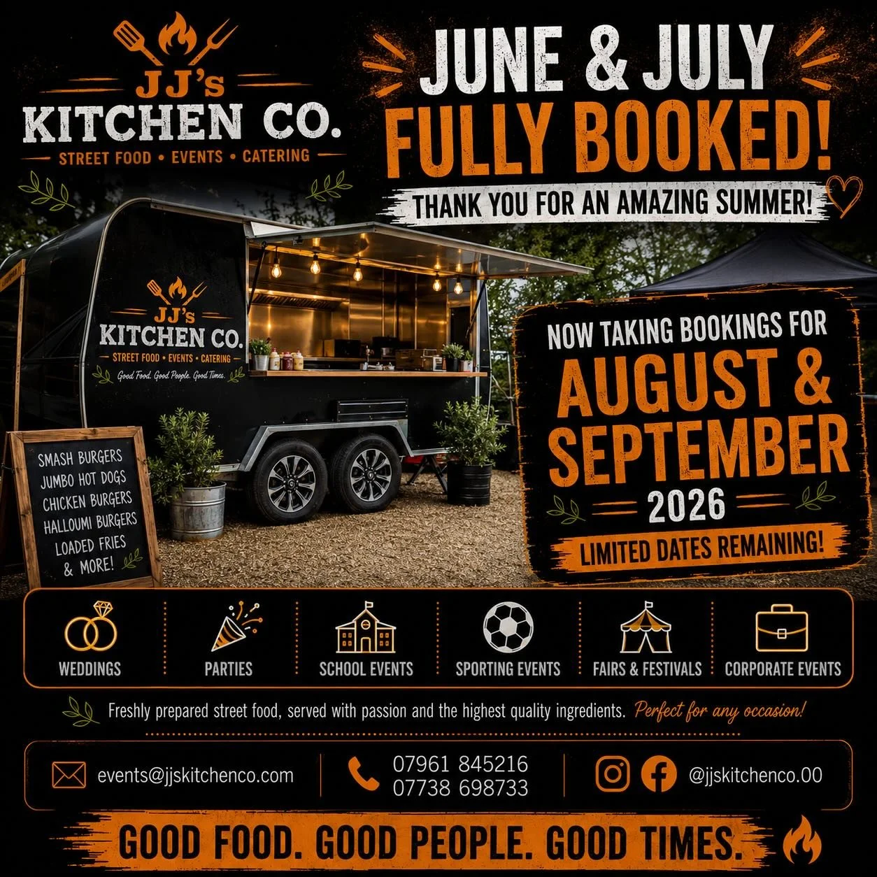 🔥 JUNE &amp; JULY ARE NOW FULLY BOOKED! 🔥

A huge thank you to everyone who has booked JJ&rsquo;s Kitchen Co. for weddings, school events, parties, sporting events, community celebrations and corporate functions this summer.

With June and July now