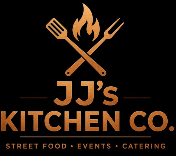 Logo for JJ's Kitchen Co. with a fork and spatula crossed over a flame, black background, gold and white text