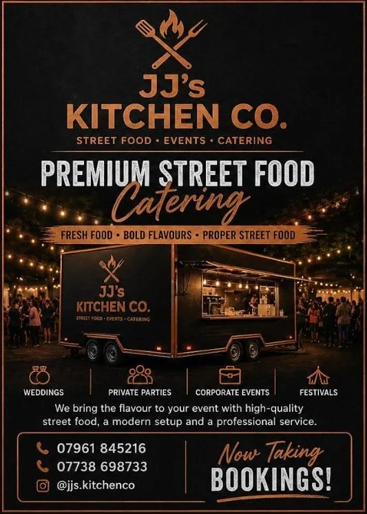 Black promotional flyer for JJ's Kitchen Co. street food, events, and catering. Features a mobile food trailer with string lights at an outdoor event. Includes contact info and notes on events like weddings, private parties, corporate events, and festivals.