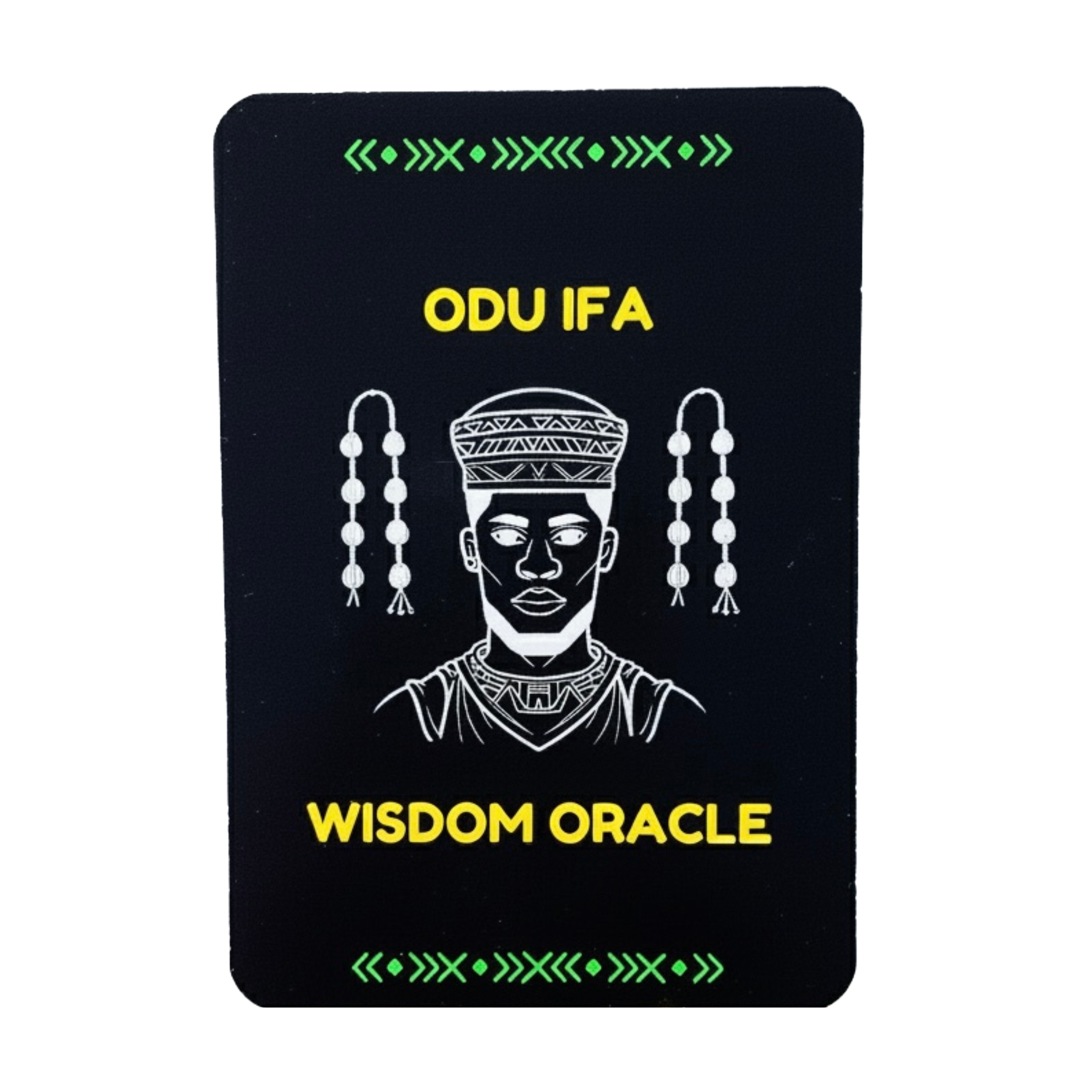 Black card with green decorative borders at the top and bottom, featuring a line drawing of a female figure with traditional tribal adornments, and the words 'WISDOM ORACLE' in bold yellow letters.