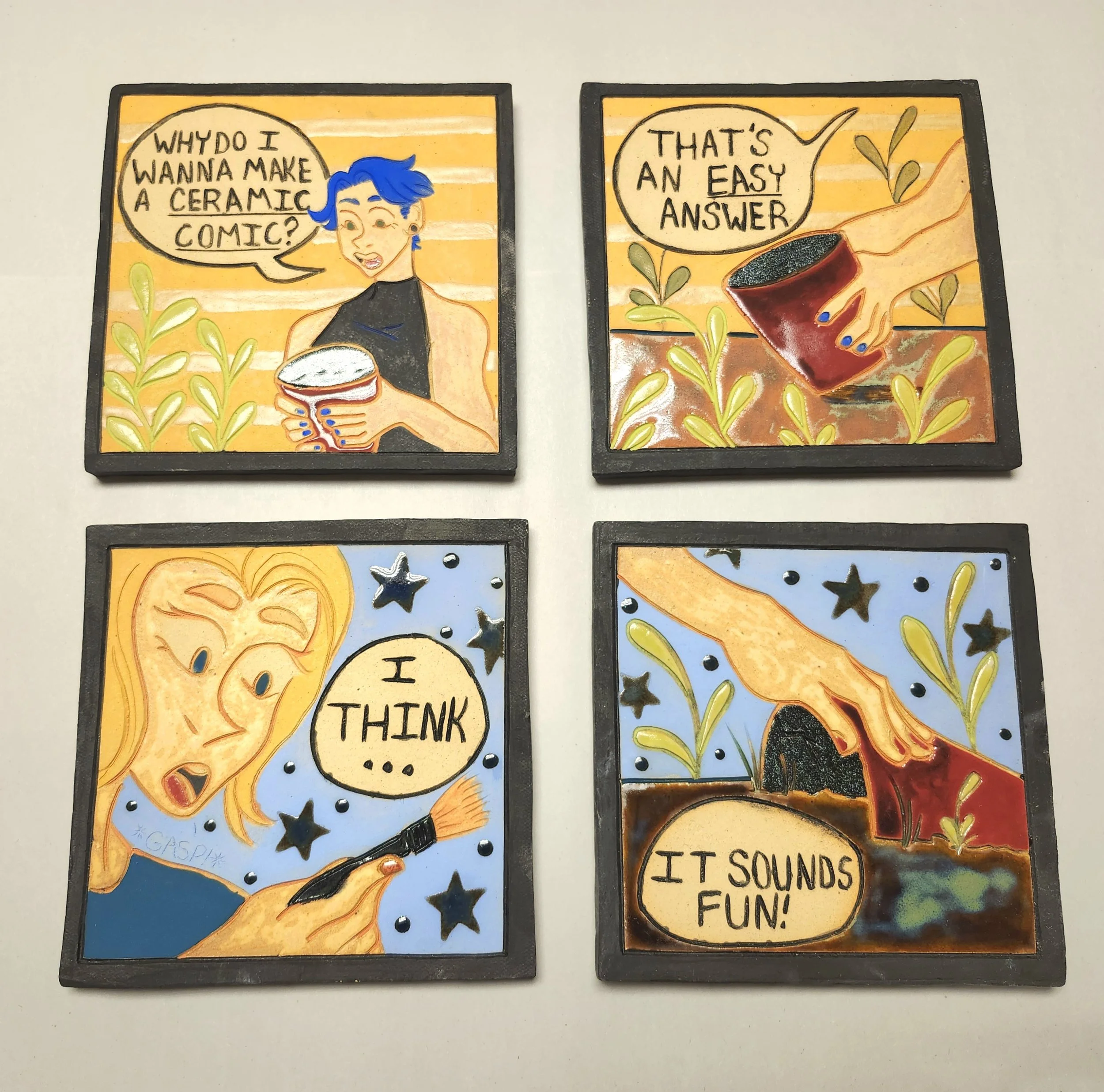 "Ceramic Comic." 2025 (four 8x8 panels)