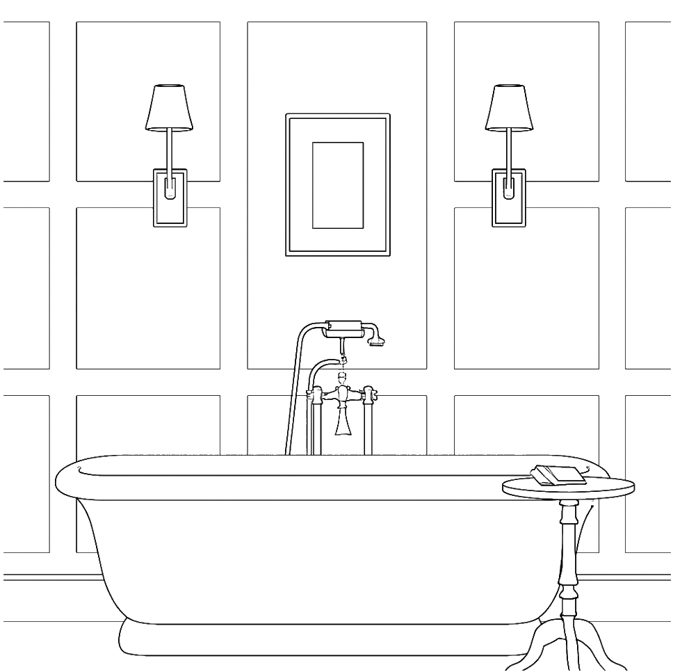 Outline of a bathroom with a clawfoot bathtub, two wall-mounted lamps, a framed mirror, and a small side table with a telephone.