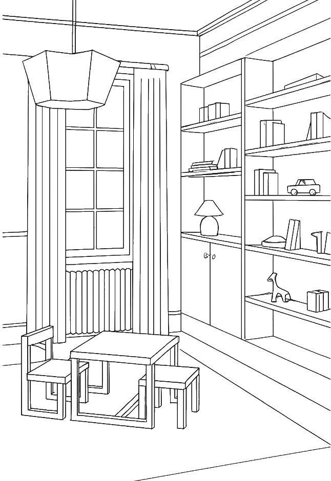 Outline drawing of a cozy room with bookshelf, window, curtains, small table, and chairs.