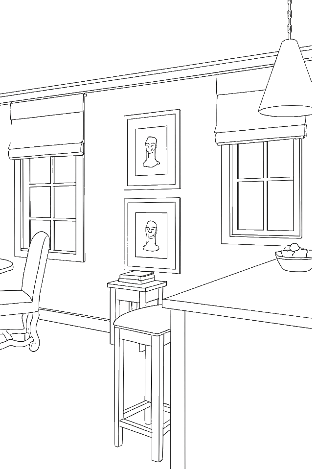 Line drawing of a cozy room interior with two windows, framed portraits on the wall, a dining table with chairs, a hanging light fixture, and a small side table with books.