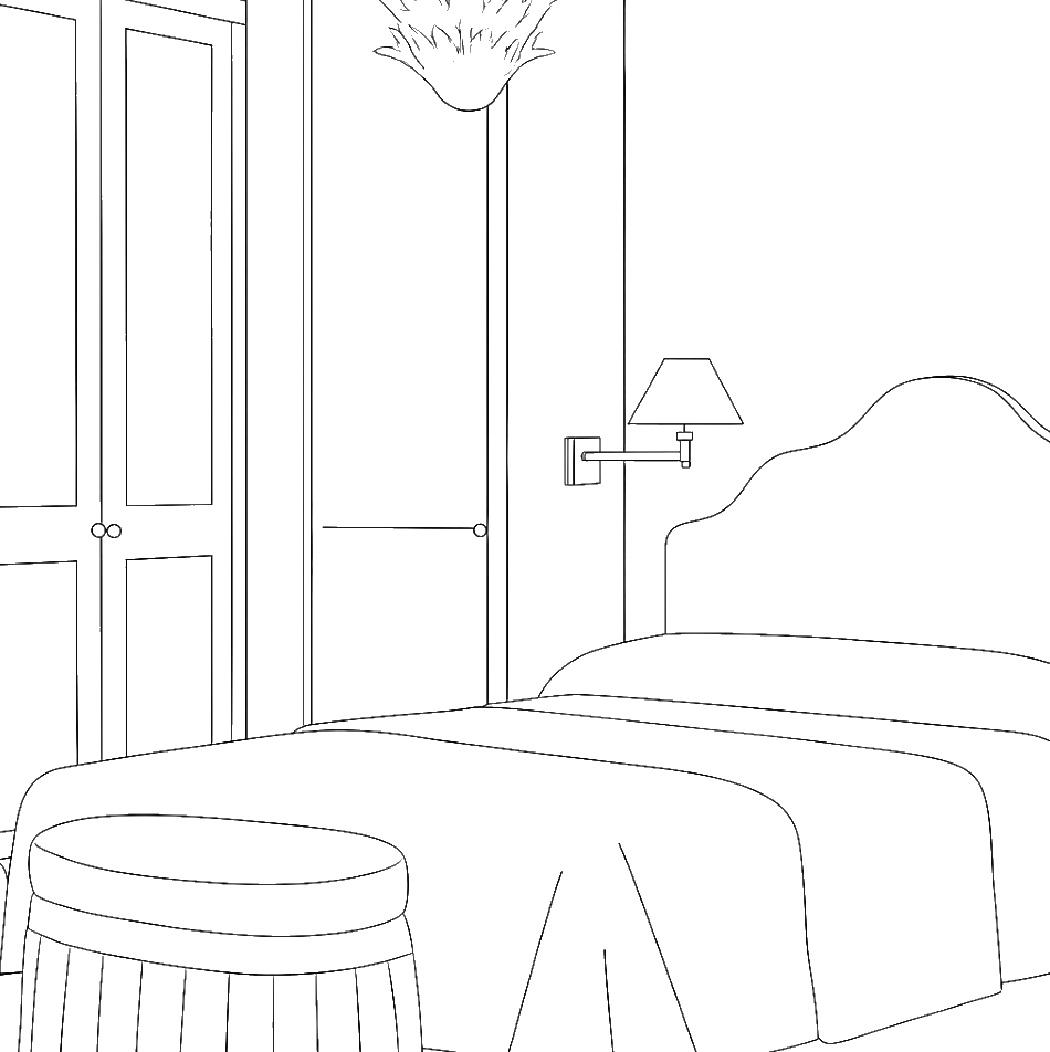 A bedroom with a bed, a bedside lamp, a wardrobe, a nightstand, and a stool.