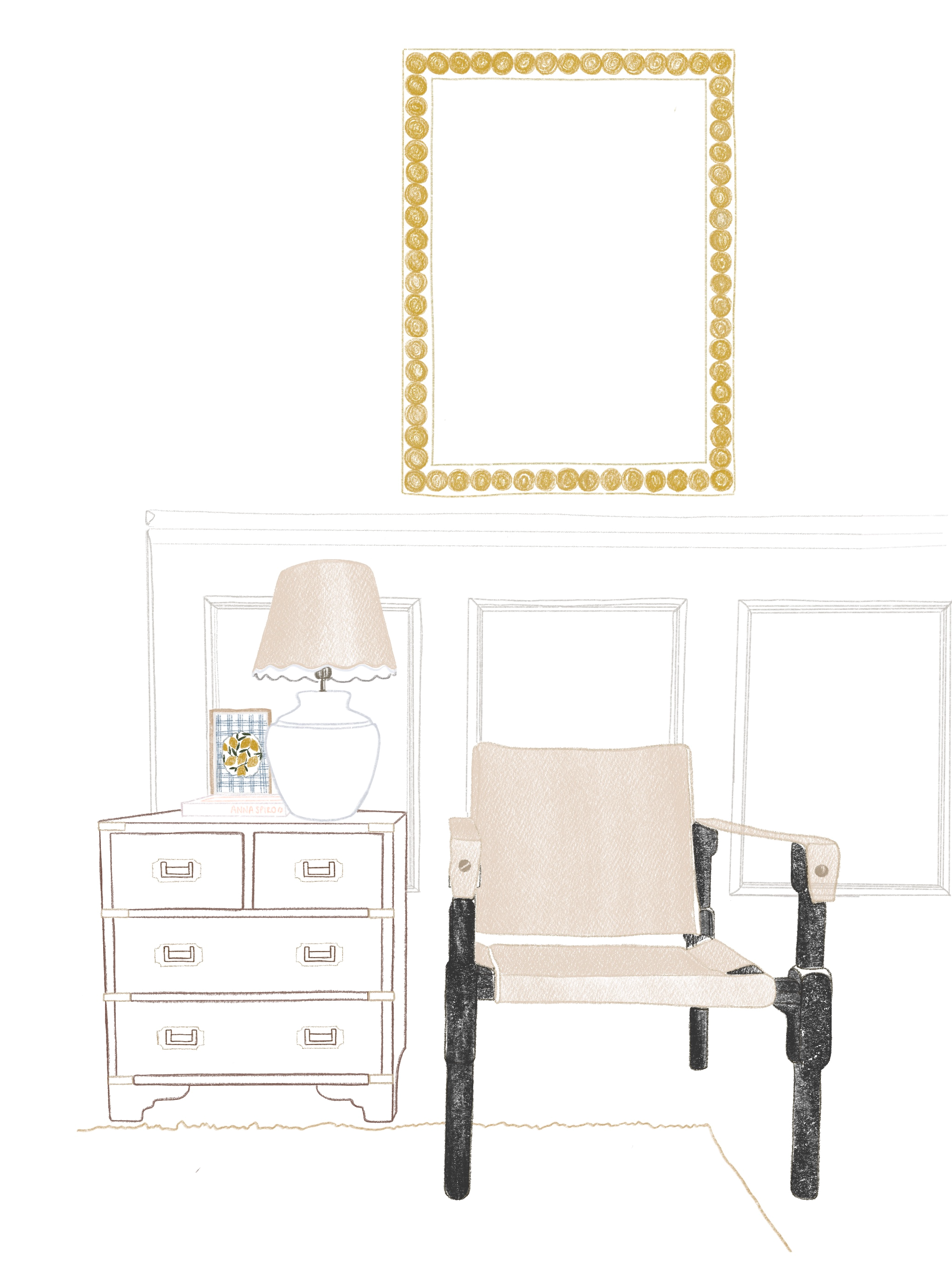A bedroom scene featuring a beige armchair, a nightstand with a yellow lamp and a patterned tray, a wall mirror, and a dresser. The room has a minimalist, cozy decor style.