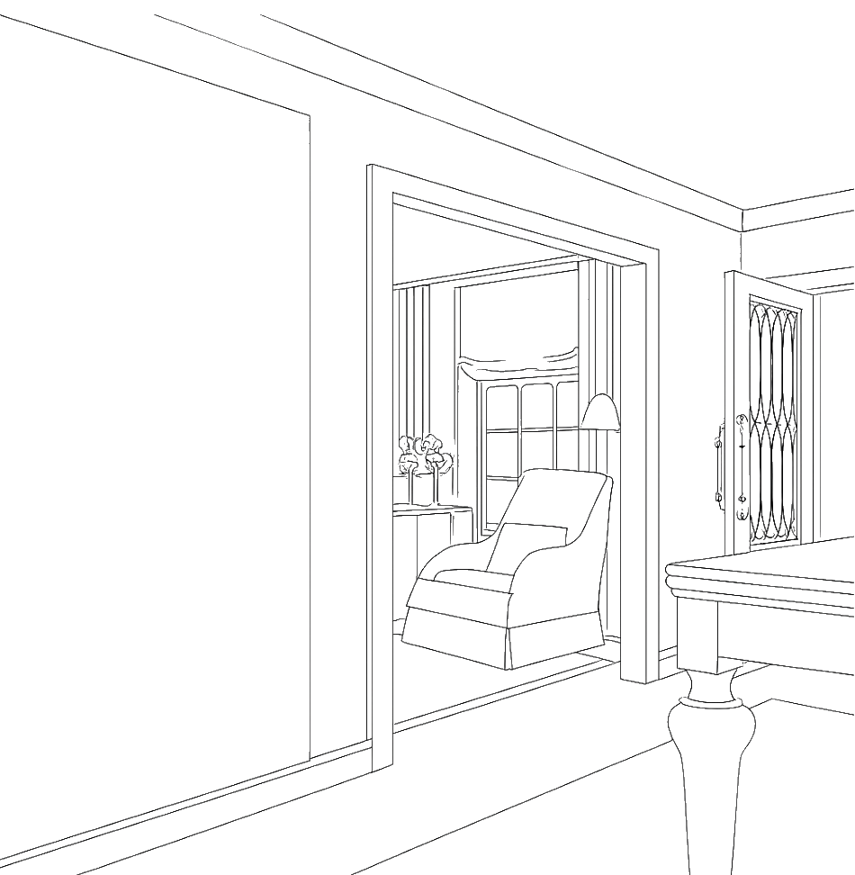 Outline of a cozy living room featuring an armchair, a side table with flowers, curtains on the window, and architectural details.