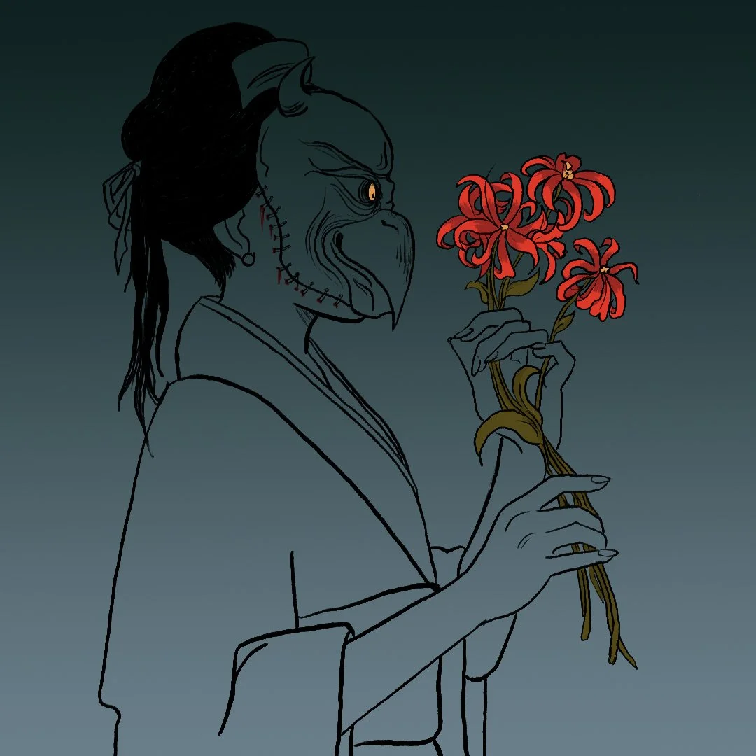 An illustration of a humanoid figure with a bird-like mask holding a bunch of red flowers against a dark background. Fanart of Silent Hill f. 