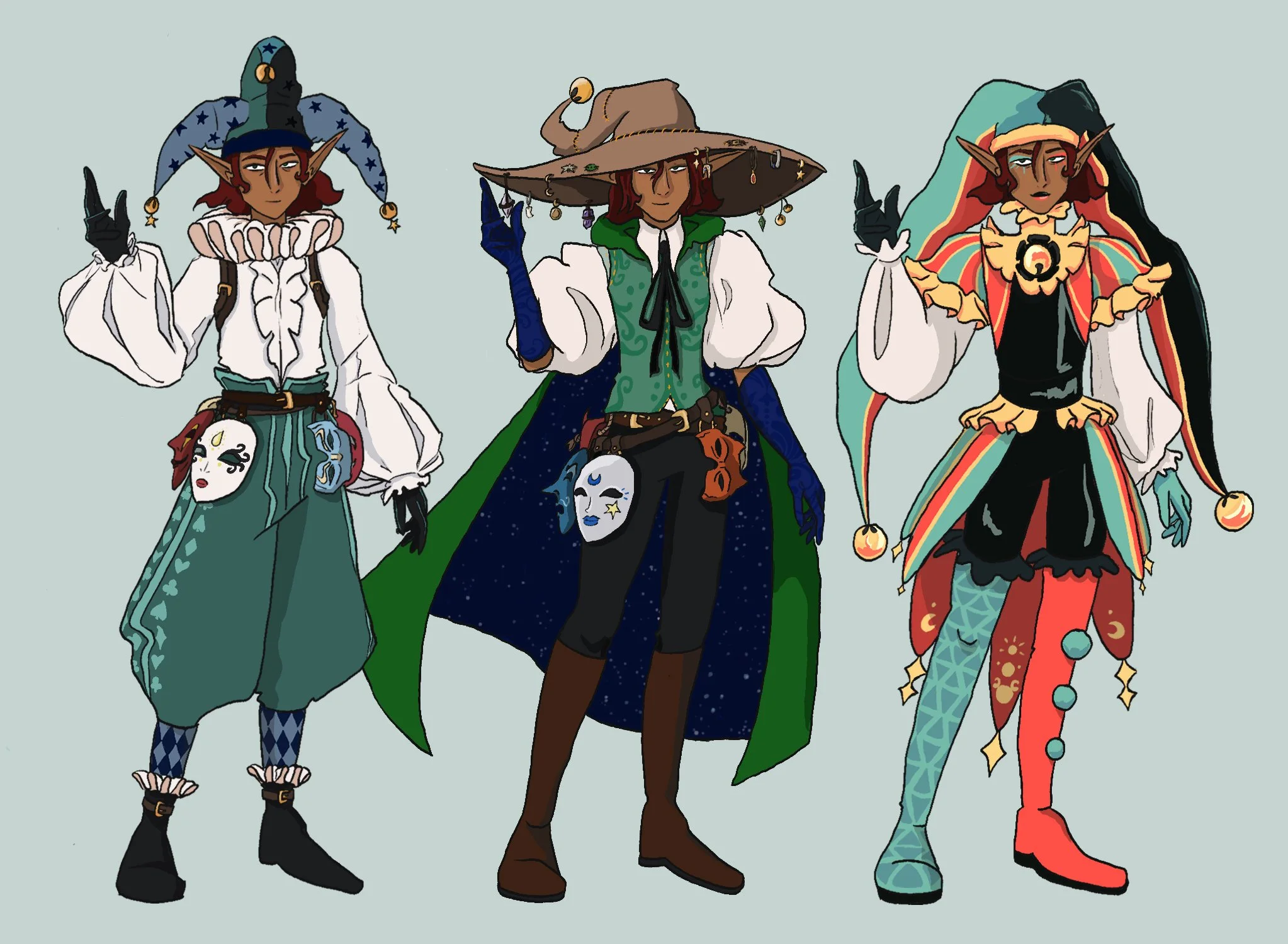Outfit illustration of an elf dressed as magical performers or jesters, each wearing colorful, elaborate costumes with accessories like masks, hats, and epaulets, standing side by side against a plain background. 