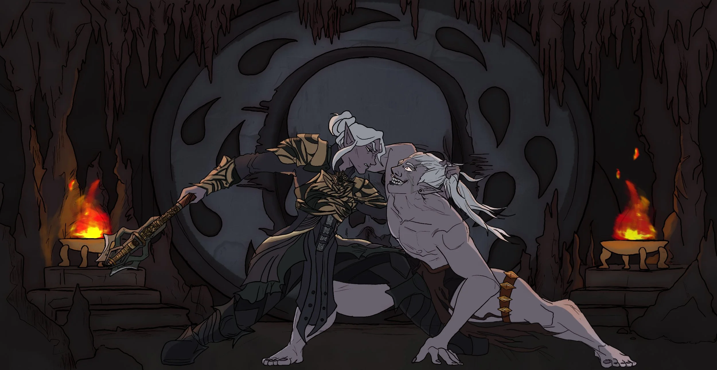 Fantasy illustration of two characters in a dark, cave-like setting with torches. Includes original character and Minthara from Baldur's Gate 3.