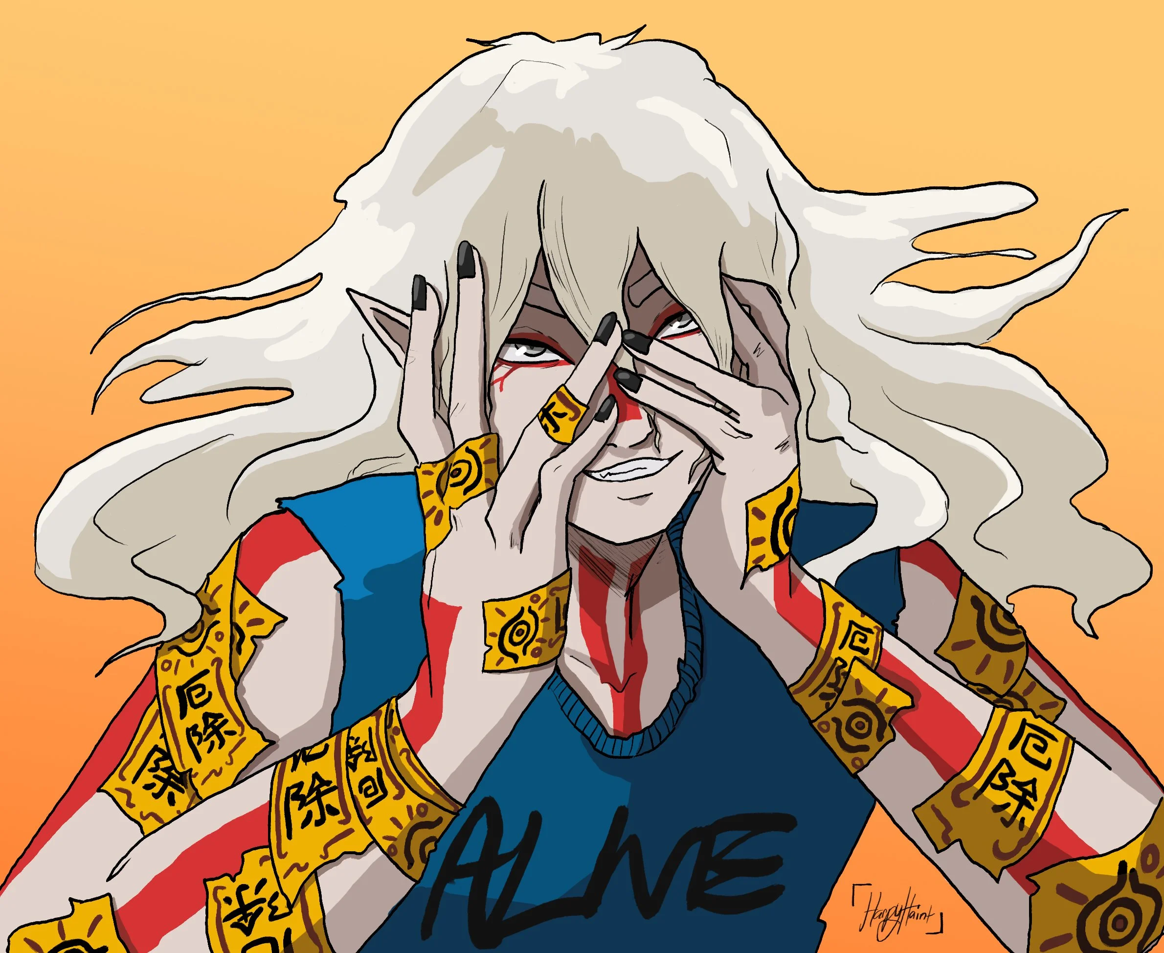 My original character Farren Kitagawa from my project "The Forest." They are covered in paper talismans that read yakuyoke, which is meant as a ward against evil. 