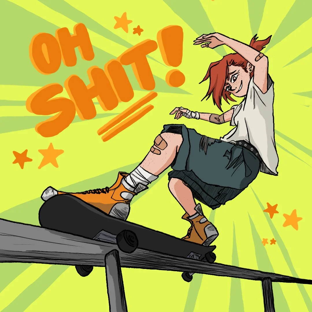 My original character Claire from the world of Pine Crest, where my project "The Forest" takes place. A girl skateboarding on a ramp with a bright green background, colorful stars, and the words "OH SHIT!" in bold orange letters.