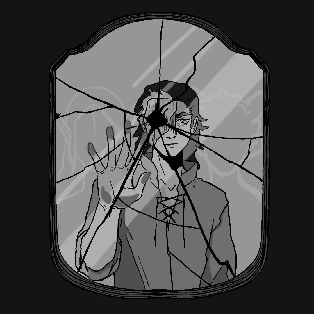 Original dungeons and dragons character illustration. Man standing in front of a broken mirror with ghosts silhouetted behind him.