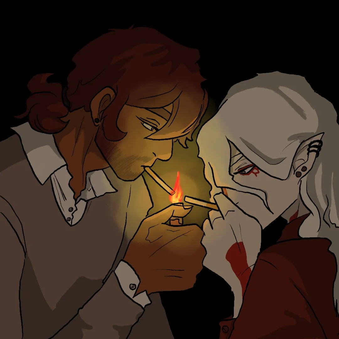 Farren Kitagawa and Preacher from the original project "The Forest." Illustrated is a person with long hair and piercings and a man with curly brown hair lighting cigarettes together in a dark setting.