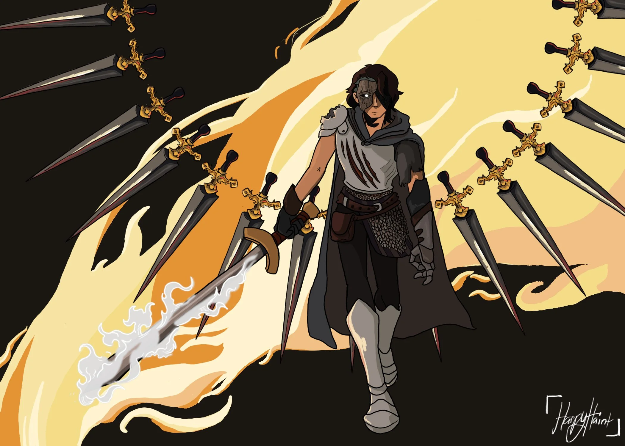 A digital illustration of a warrior in dark armor, holding a large glowing sword, with a fierce expression. The background features swirling flames, and several smaller swords floating around the warrior. The illustration is stylized with bold lines 