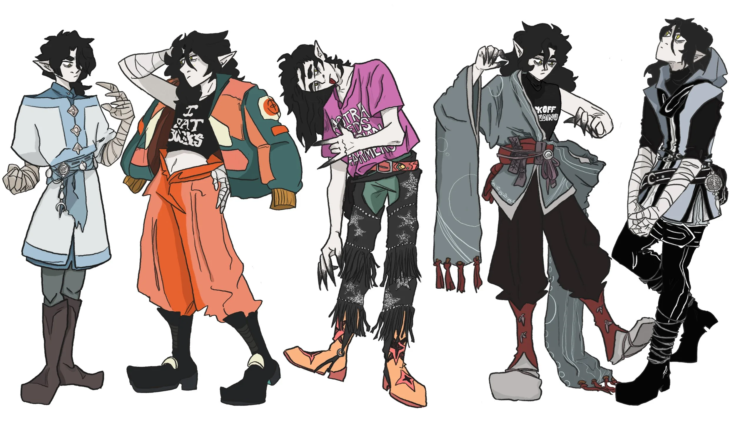 Outfit illustrations with fantasy and modern clothing, some with elf features, standing side by side. Original Dungeons and Dragons character. 