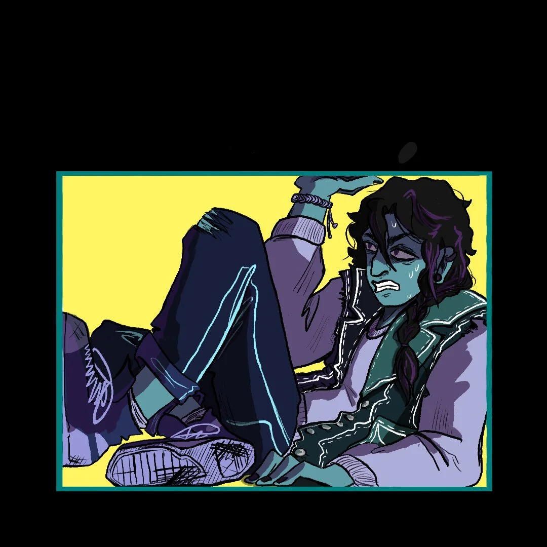 A digital illustration of a young person with long braided hair, sweating and in discomfort, sitting against a bright yellow background. They wear a purple jacket, a white shirt, and glowing neon blue sneakers, with a distressed expression.