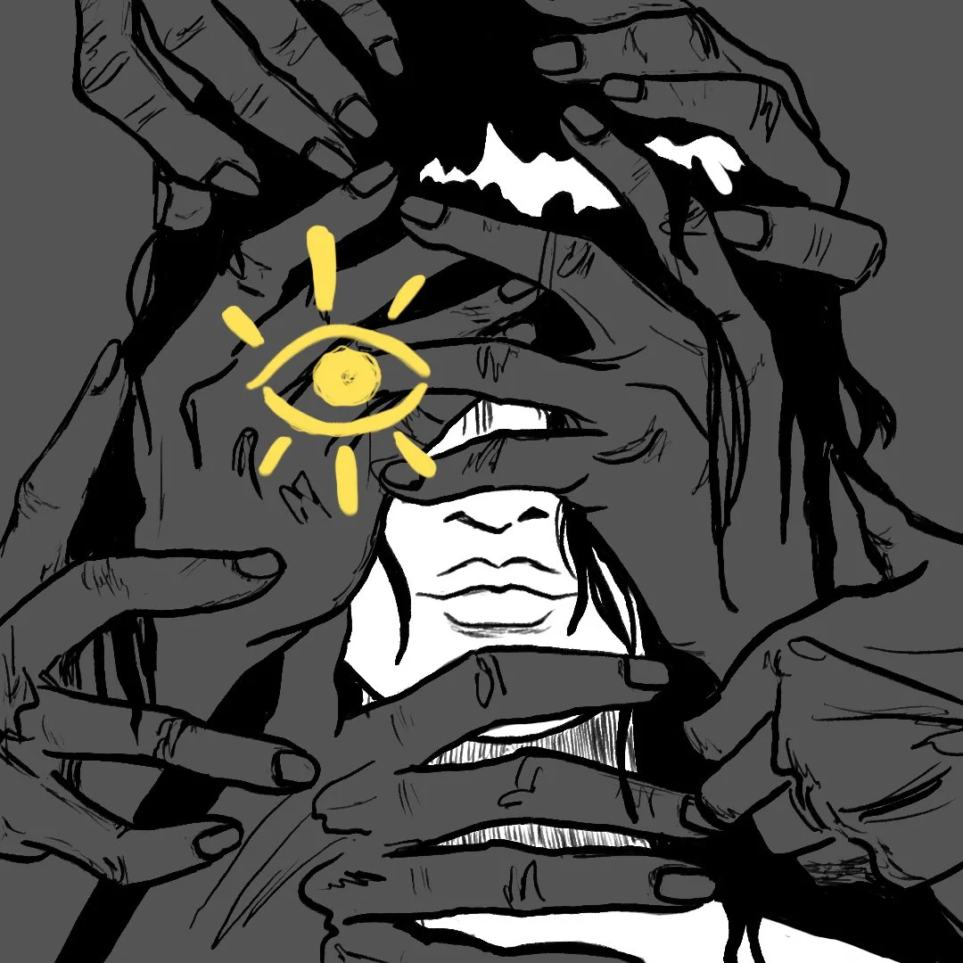 Stylized monochrome illustration of a person with multiple hands covering their face, with one hand revealing an eye, and a yellow eye symbol drawn with light strokes on the palm.