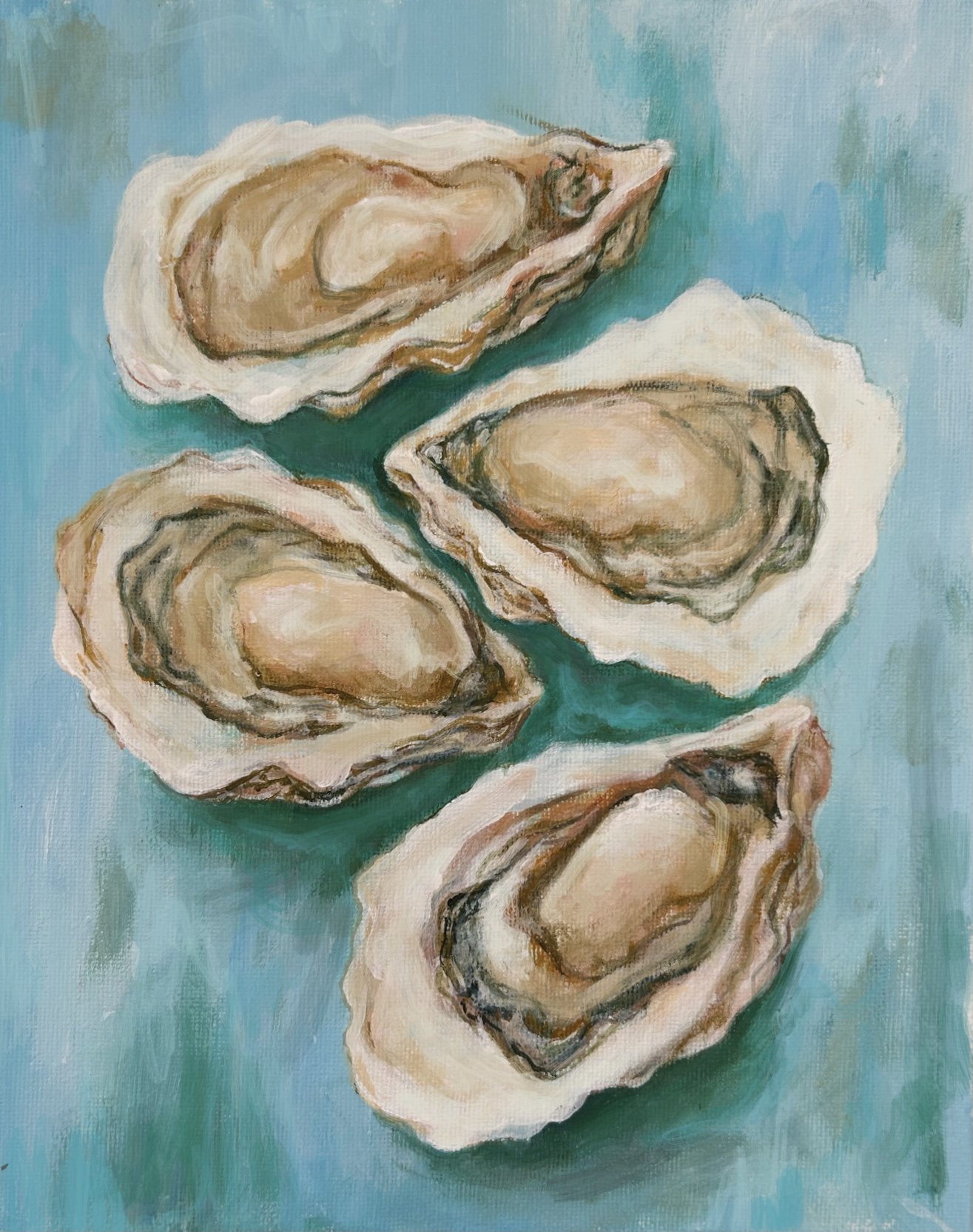 Painting of five open oysters on a light blue background.