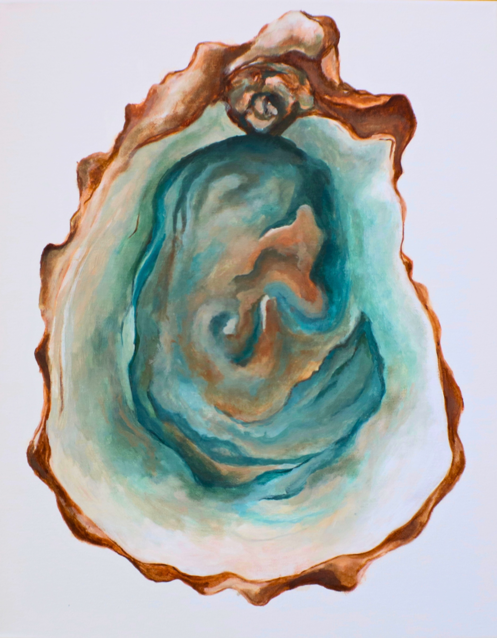 A close-up watercolor painting of a conch shell showing its spiral shape and textured surface in shades of blue, brown, and cream.