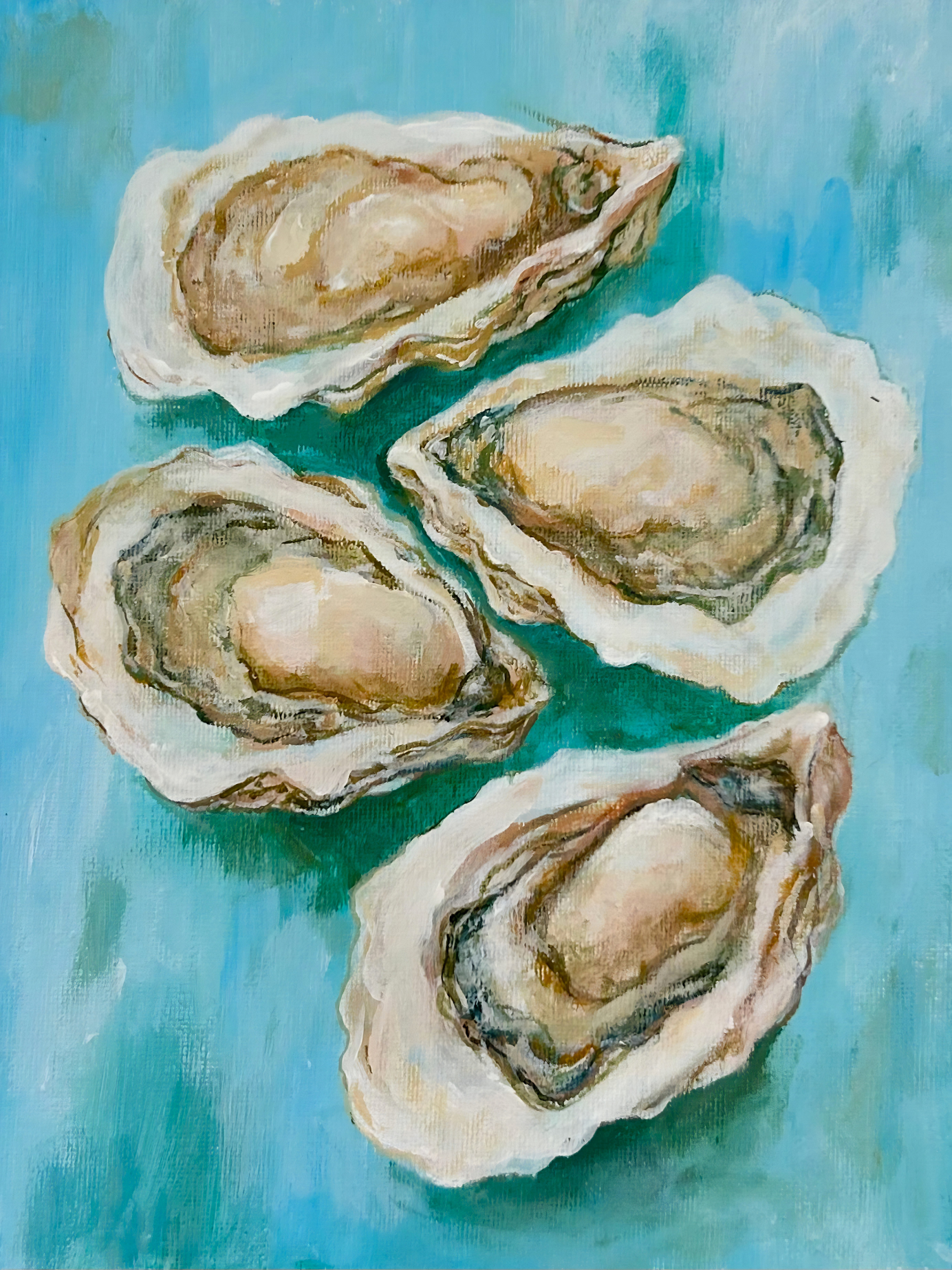 A painting of several oysters on a blue background.
