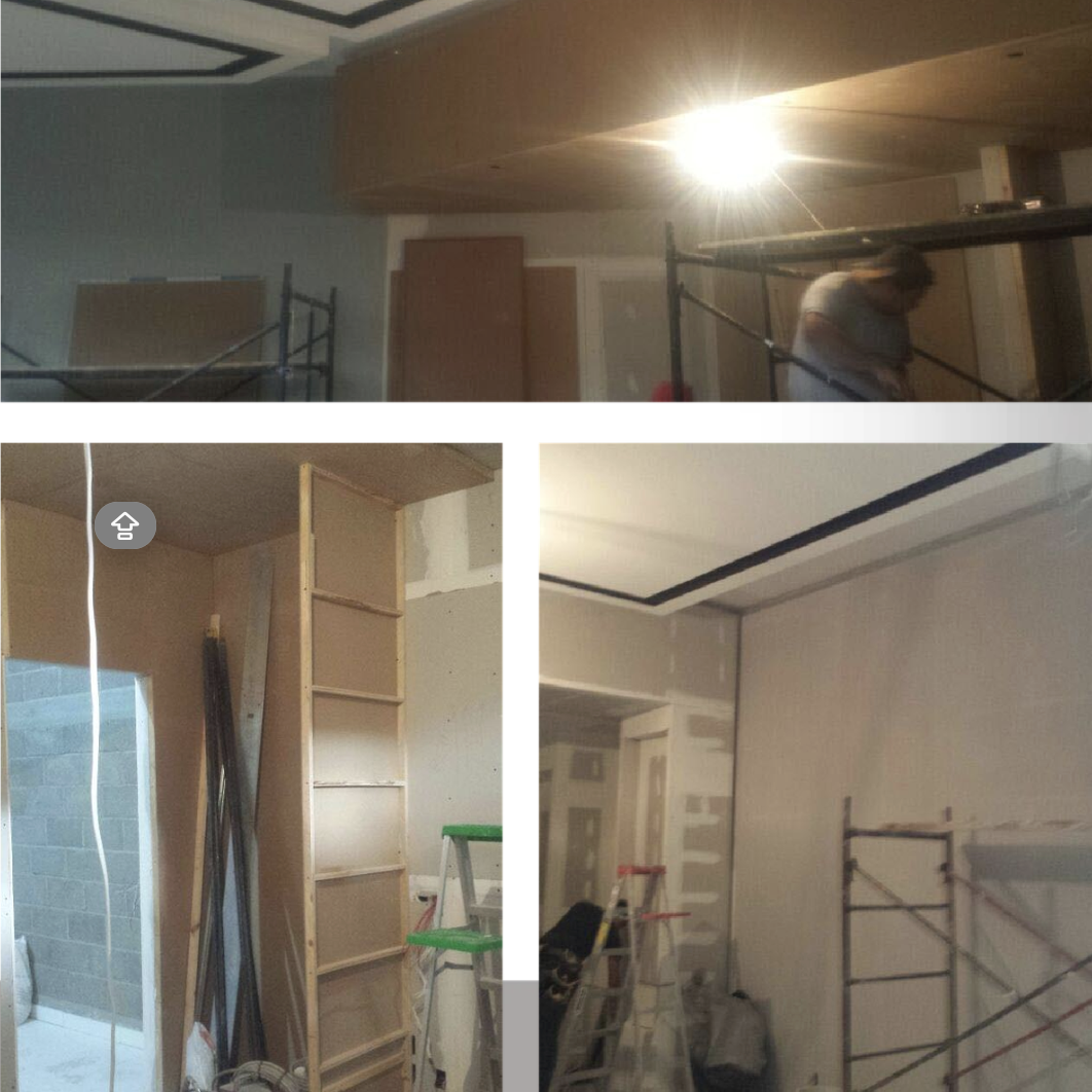 Imágenes de un espacio interior en remodelación, con estructuras de madera, andamios, y herramientas, en proceso de construcción o pintura.