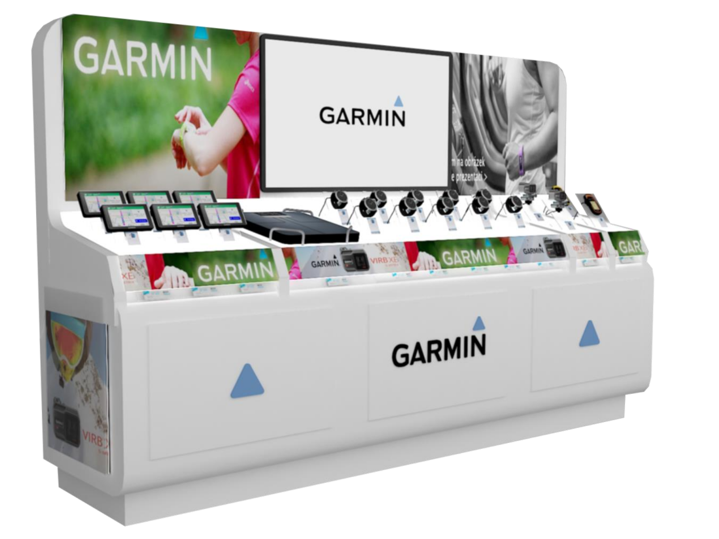 display de productos Garmin con pantallas y dispositivos de monitoreo en una mesa de exhibición, con publicidad y gráficas relacionadas con tecnología deportiva.