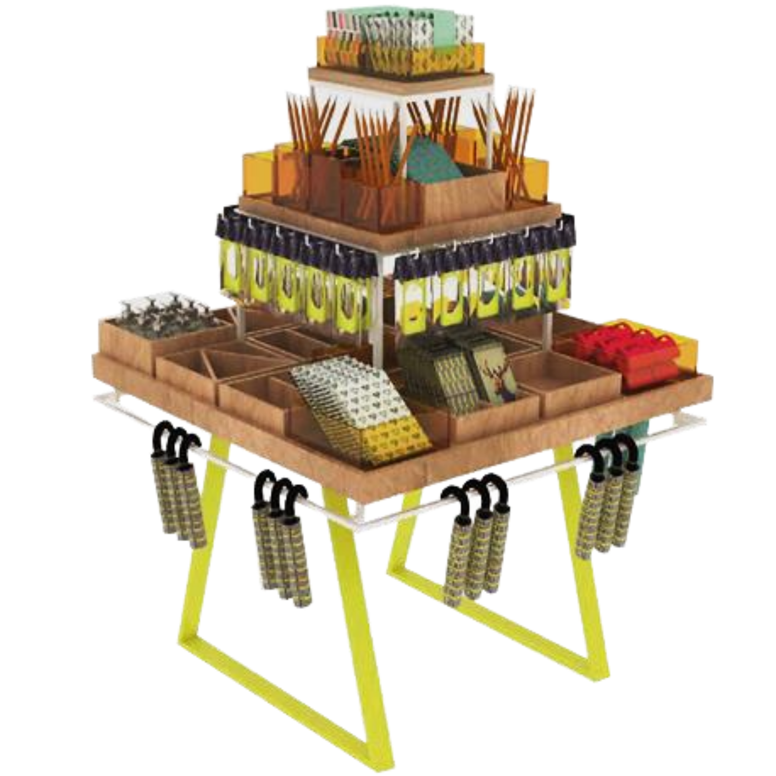 Construcción de un modelo en miniatura de una estructura de madera con diferentes niveles y componentes pequeños, con un fondo negro.