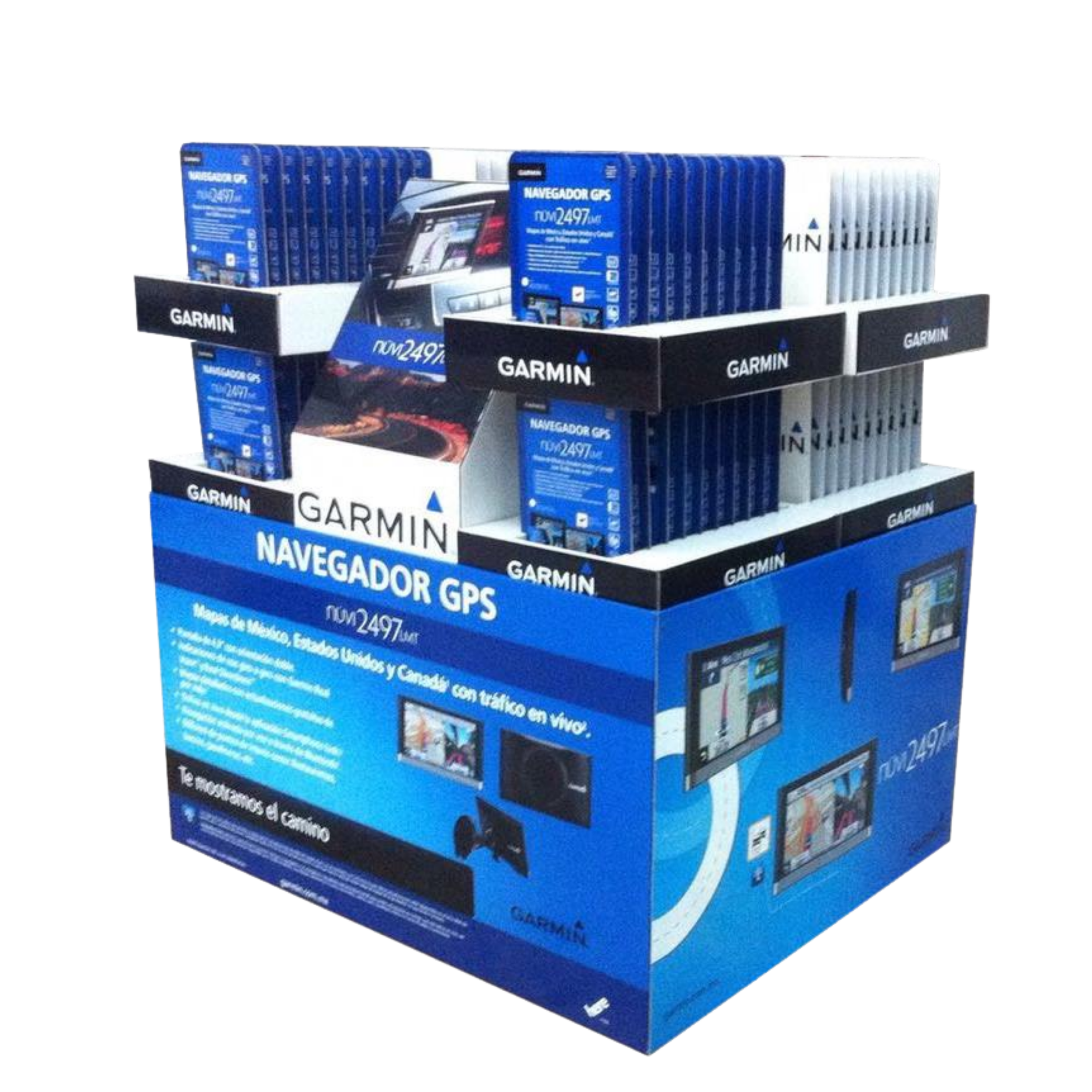 Caja con varios dispositivos Garmin GPS para navegación, con instrucciones y pantalla