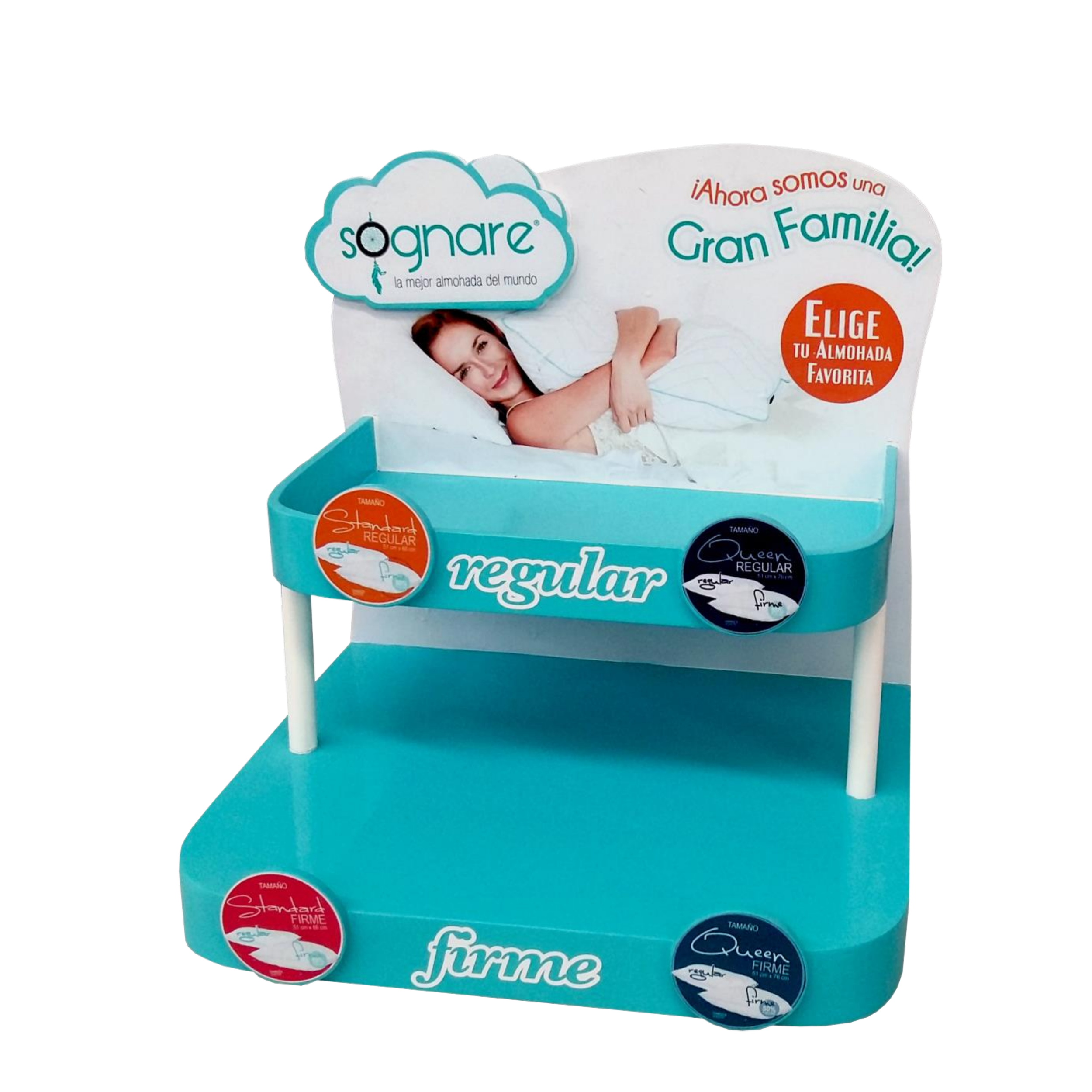 Paquete de almohadas de diferentes tamaños y tipos de la marca Firme, en colores azul, negro y rojo, en exhibición de superficie plana