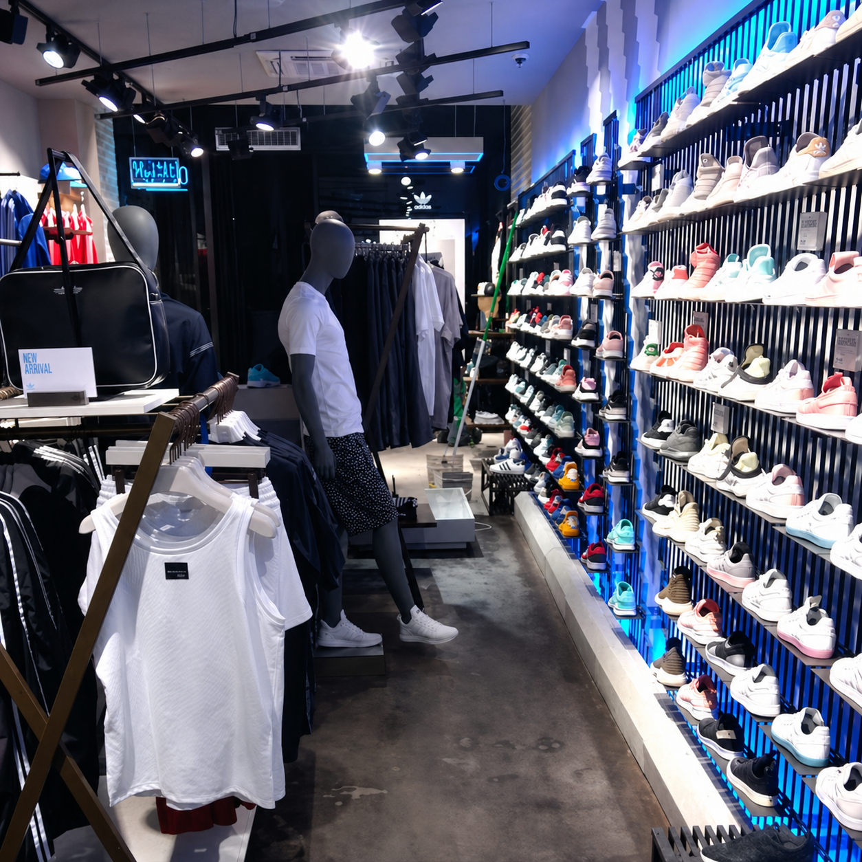 Interior de una tienda de ropa y calzado con estantes llenos de zapatillas de diferentes colores y estilos, incluyendo maniquíes con ropa deportiva y tienda iluminada con luces modernas.