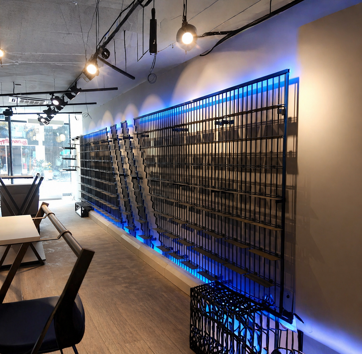 Estantes metálicos vacíos en una tienda con iluminación de led azul, en el interior de un local comercial