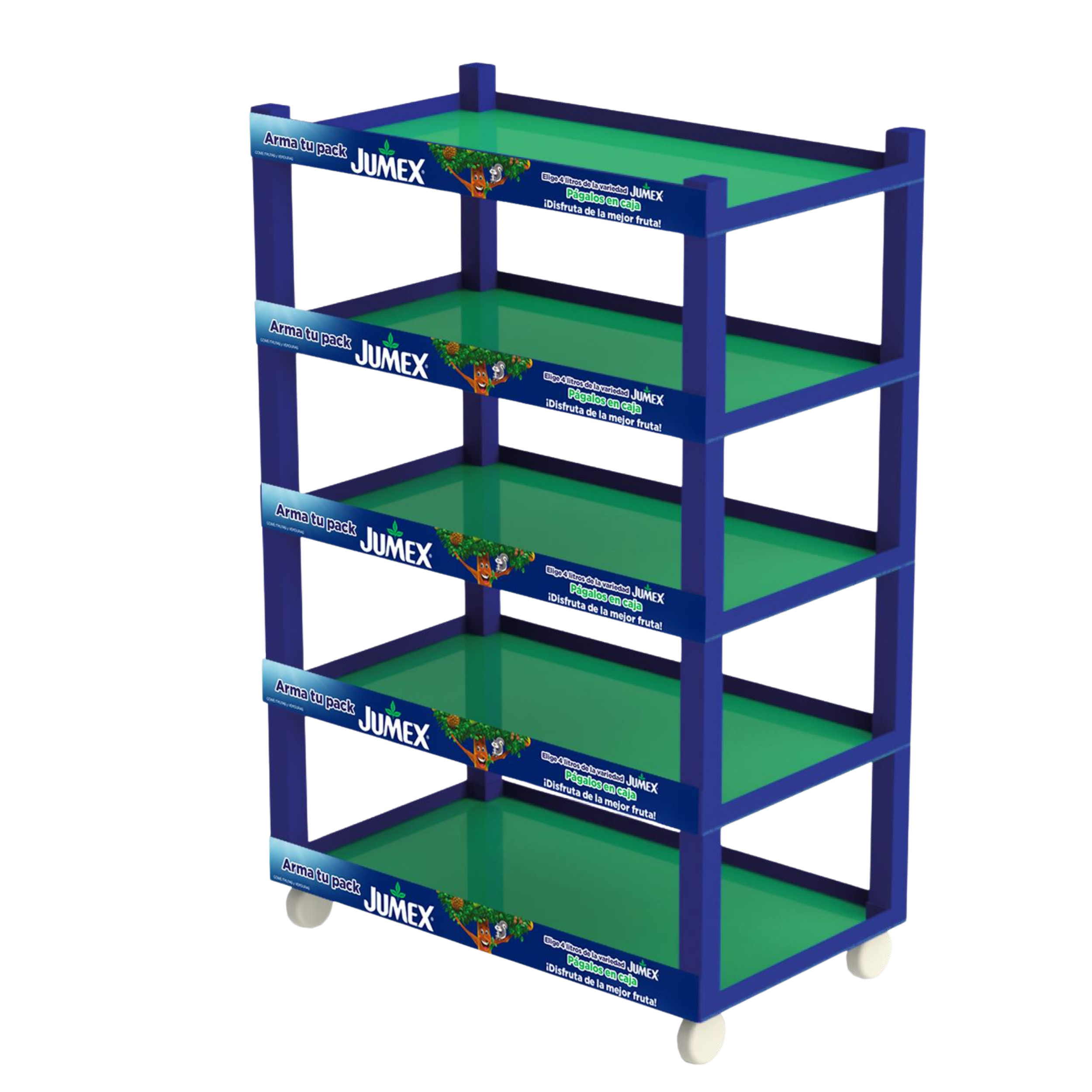 Estantería azul para exhibición de productos, con carteles promocionales que dicen "Arma tu pack JUMEX" y "Págalo en caja", decorada con personajes de fruta y fruta en la decoración.