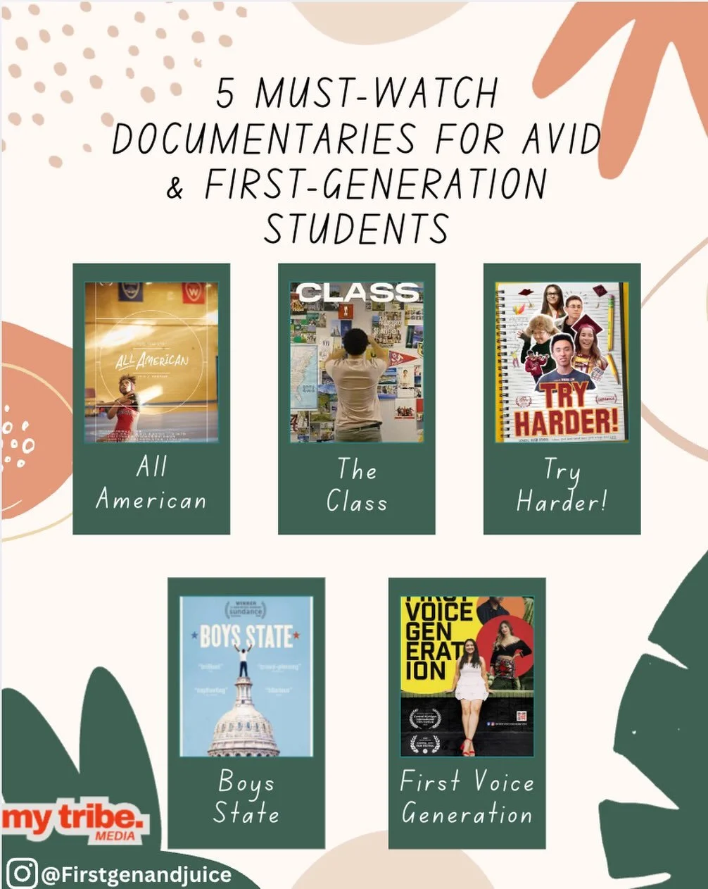 🚨Calling All Teachers 🚨 Looking for first-gen films to add to your curriculum? Here are a few that MTM recommended you show your students this school year. #firstgenerationcollegestudent #firstgenfilms #movies #avid #mytribemedia