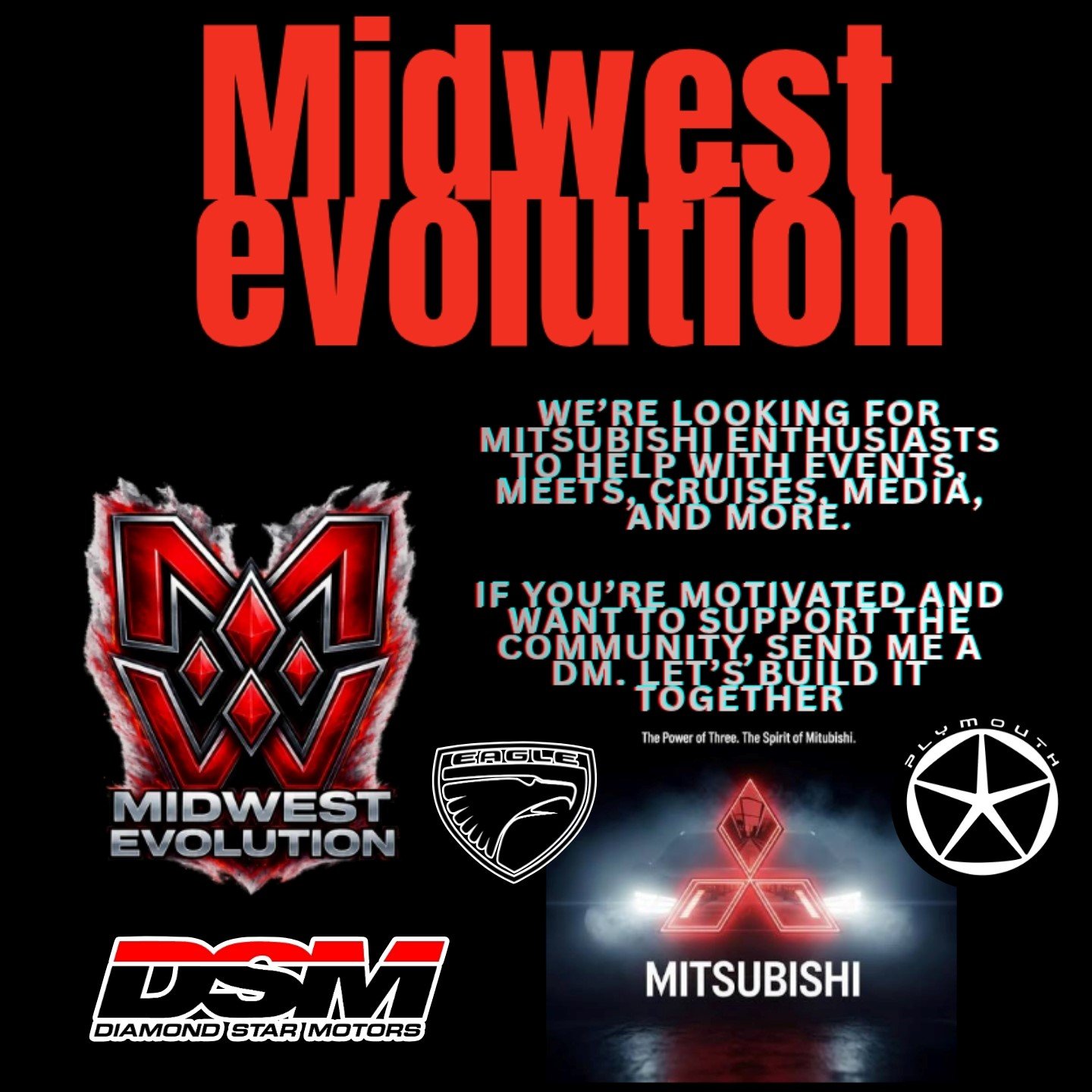 A promotional graphic for Midwest Evolution features a large red and black city emblem, several Mitsubishi logos, and text indicating a call for Mitsubishi enthusiasts to help with events, meetups, cruises, and media, encouraging community support among motivated enthusiasts.