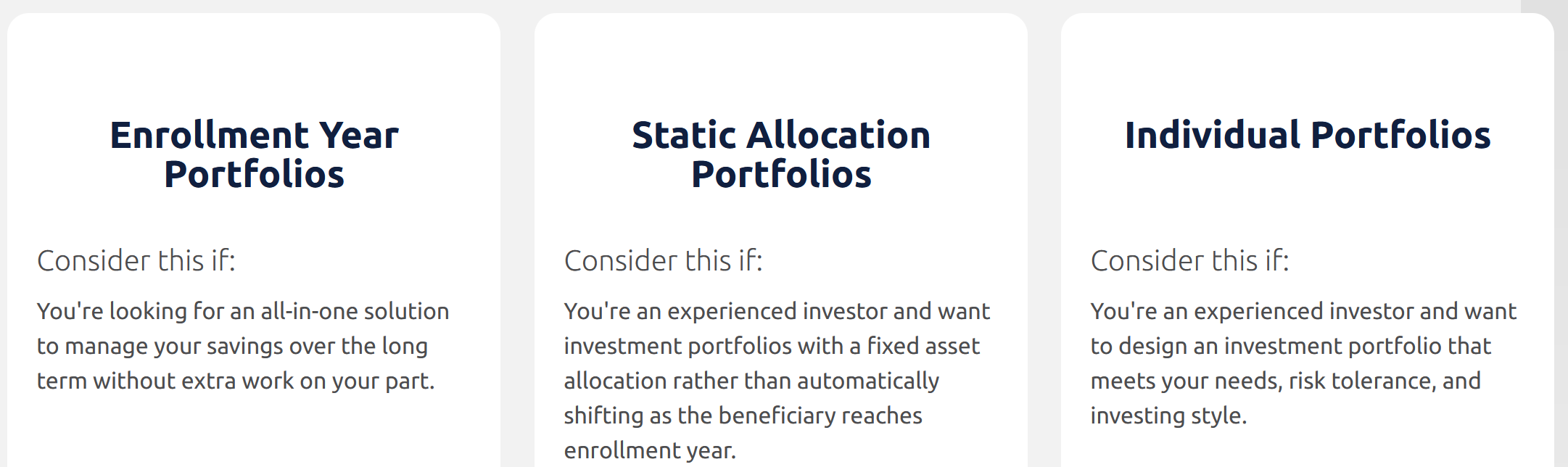A table showing the three portfolio options offered by BrightStart