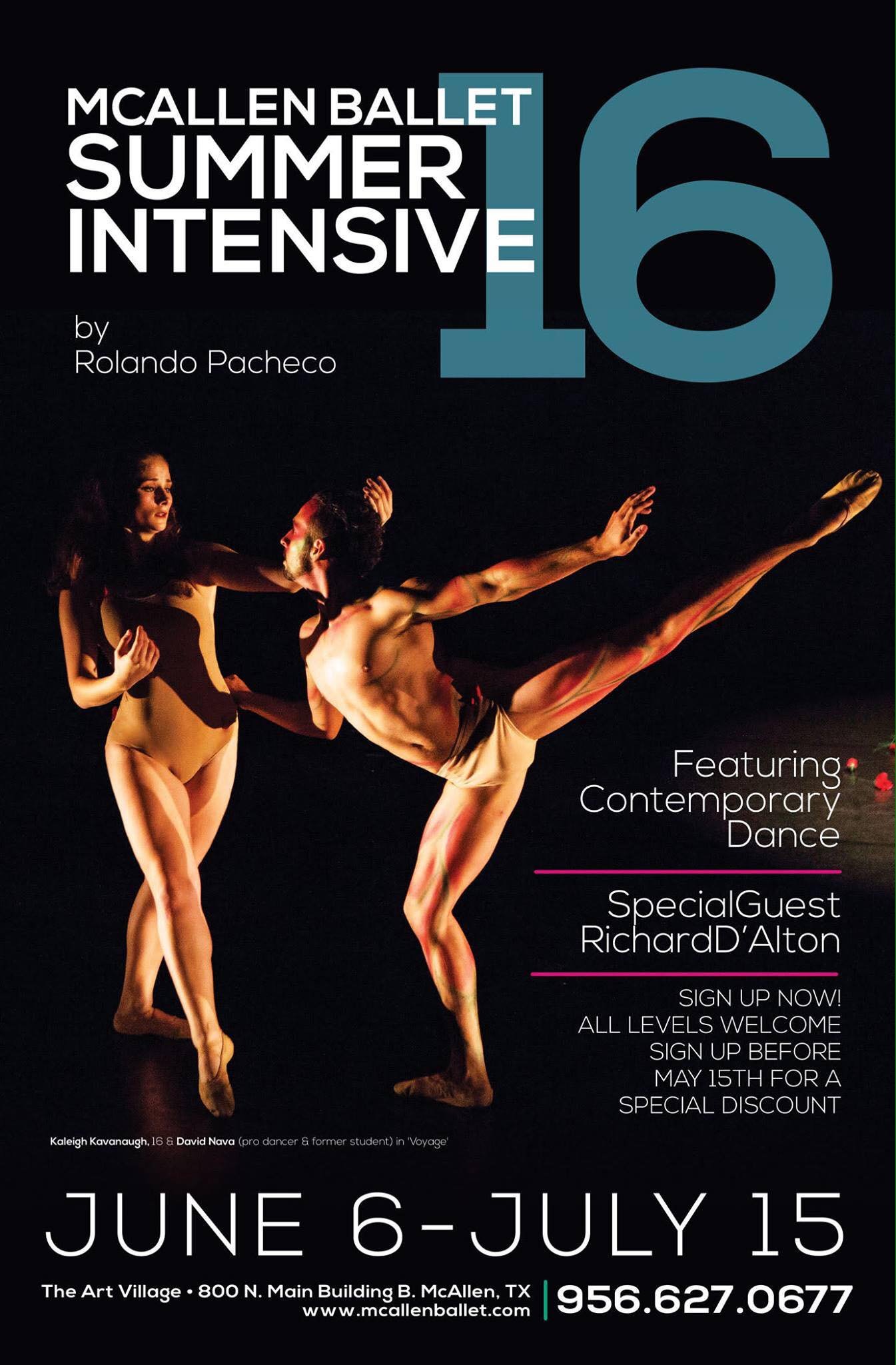 Promotional poster for McAllen Ballet Summer Intensive 16, featuring two contemporary dancers in an artistic pose, set against a black background with white and teal text providing event details from June 6 to July 15, at The Art Village in McAllen, Texas.