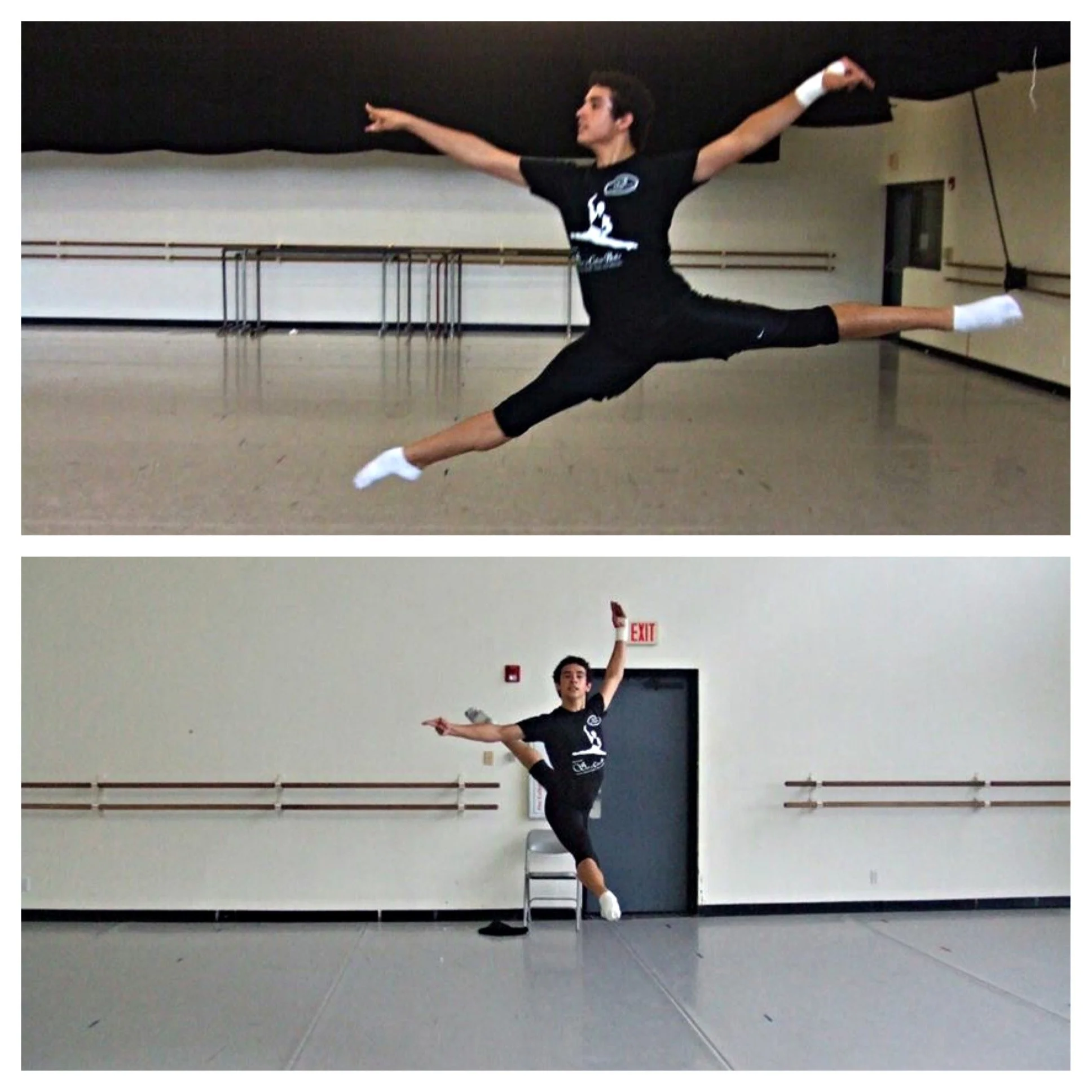 A male dancer practicing a leap in a dance studio, wearing a black t-shirt, black shorts, white socks, and a bracelet, with ballet bars and an exit sign in the background.