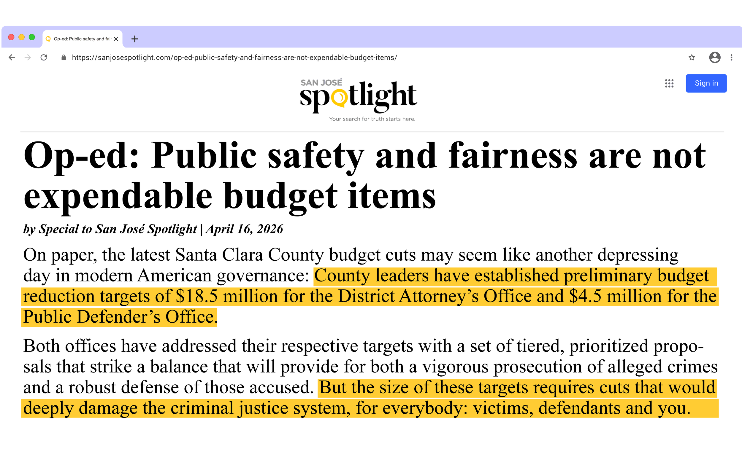 San Jose Spotlight The District Attorney &  Public DefenderS Agree:  Public Safety & Fairness  in Jeopardy image