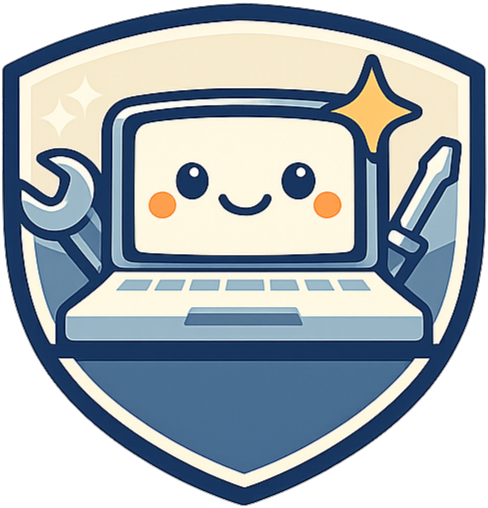 Cartoon computer mascot with a smiling face, holding a wrench and a magic wand, inside a shield emblem.
