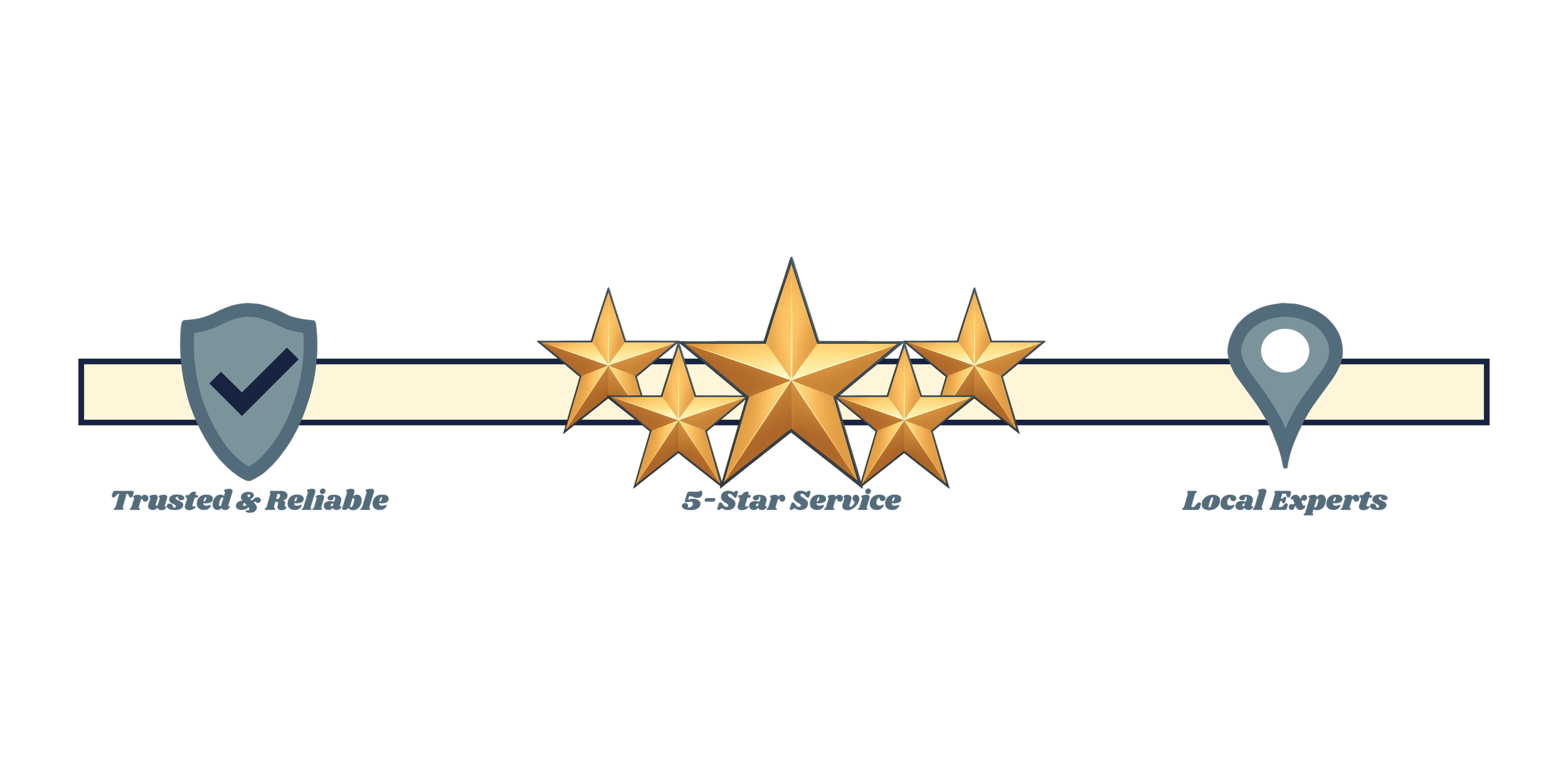 A customer review graphic with a curve measuring service quality, including icons of a shield with checkmark, five gold stars, and a location marker, with labels 'Trusted & Reliable,' '5-Star Service,' and 'Local Experts'.