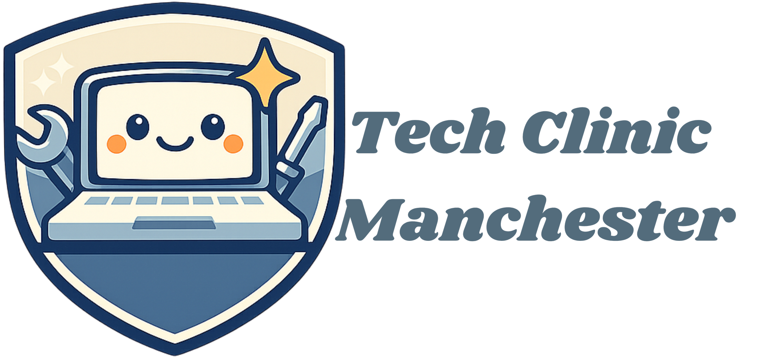 A logo featuring a cartoon computer with a smiling face and a sparkle, holding a wrench, accompanied by the text 'Tech Clinic Manchester'.