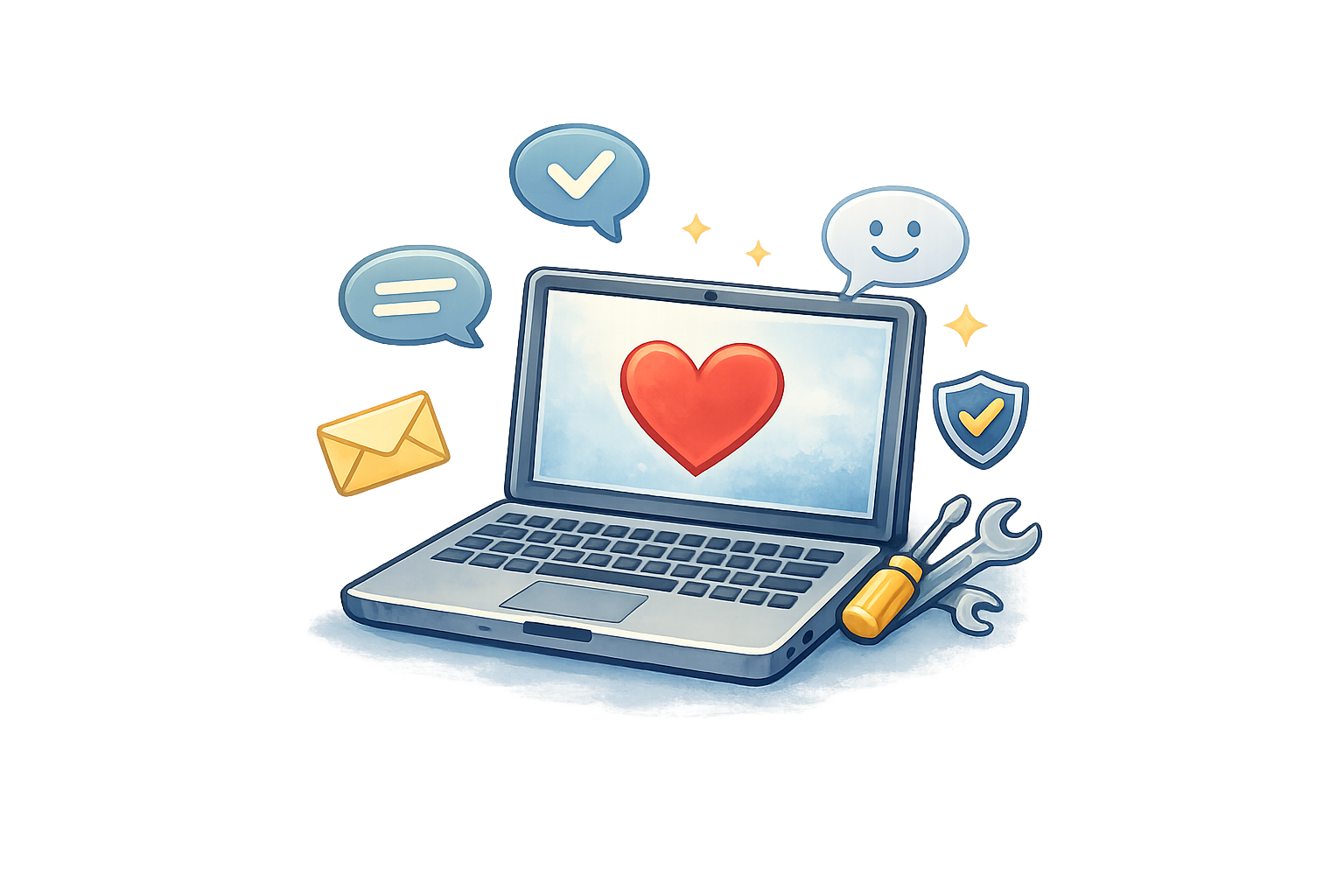 A cartoon-style illustration of a laptop with a red heart on its screen, surrounded by communication icons such as speech bubbles, a shield, a checkmark, a smiley face, an envelope, and tools like a screwdriver and wrench, all on a white surface.