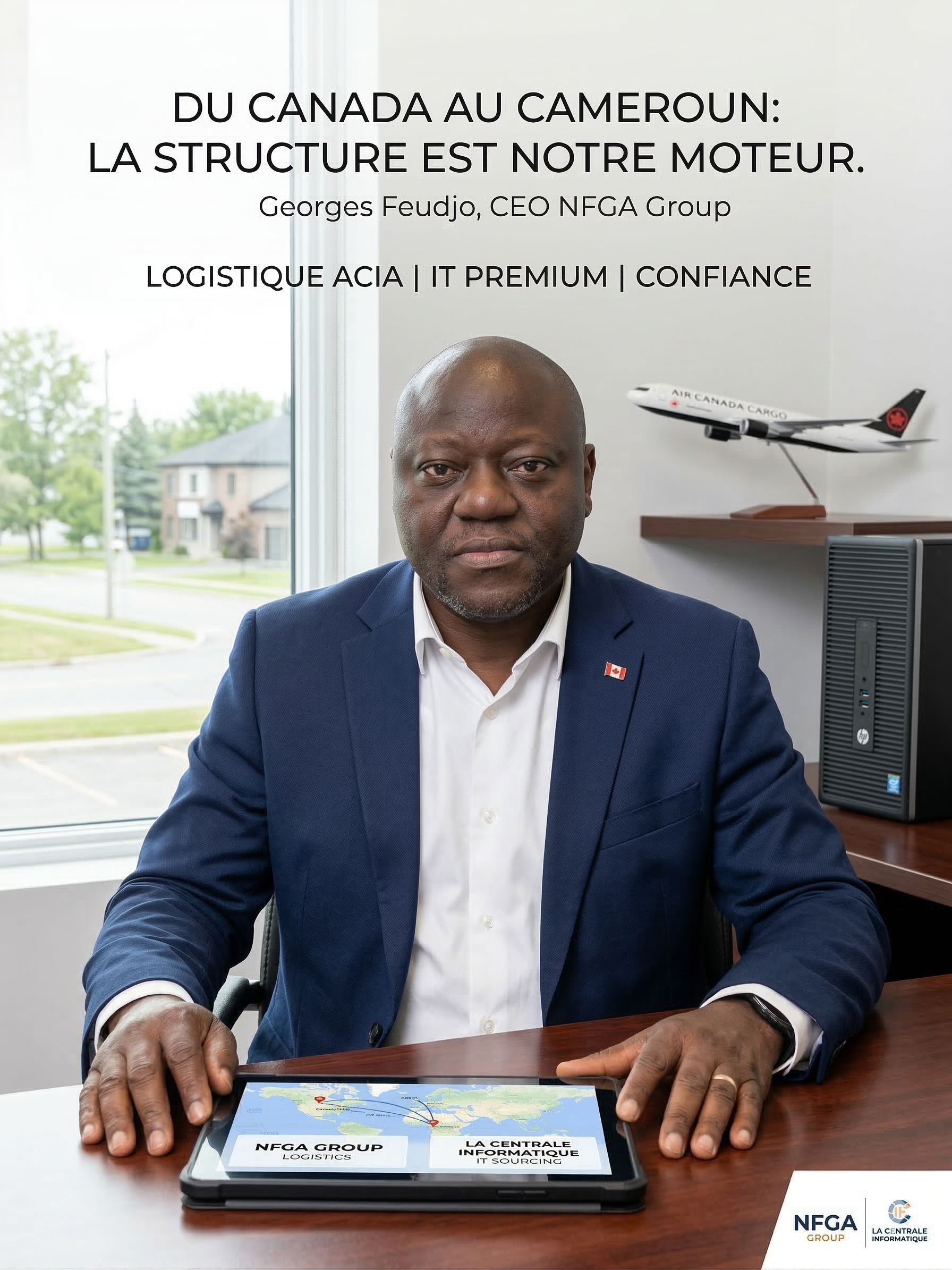Homme d'affaires africain en costume bleu assis à un bureau avec une tablette affichant un graphique de logistique, une grande fenêtre en arrière-plan, et un modèle réduit d'avion dans la pièce. Le texte superposé indique une conférence sur la logistique et l'informatique.