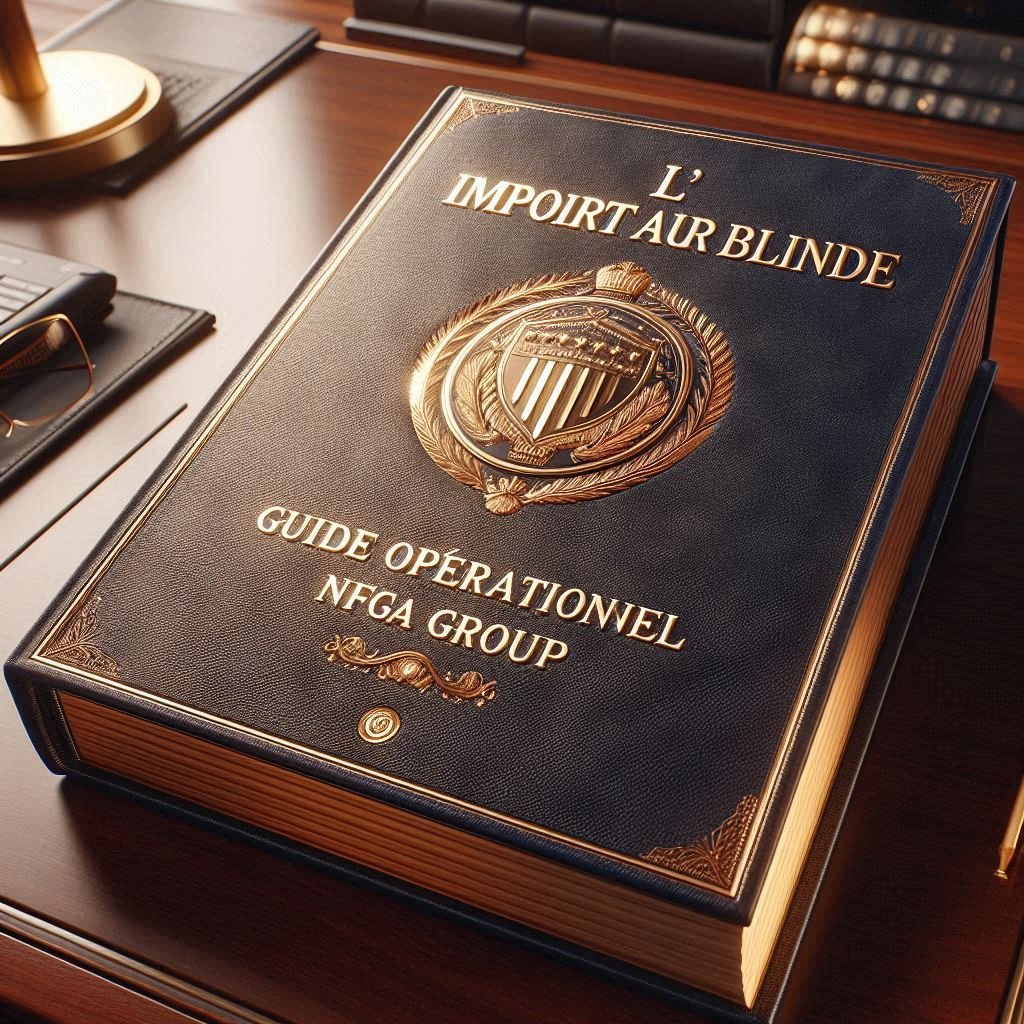 Livre épais intitulé 'L'IMPORTAUR BLINDE' avec un symbole doré sur la couverture, posé sur un bureau en bois.